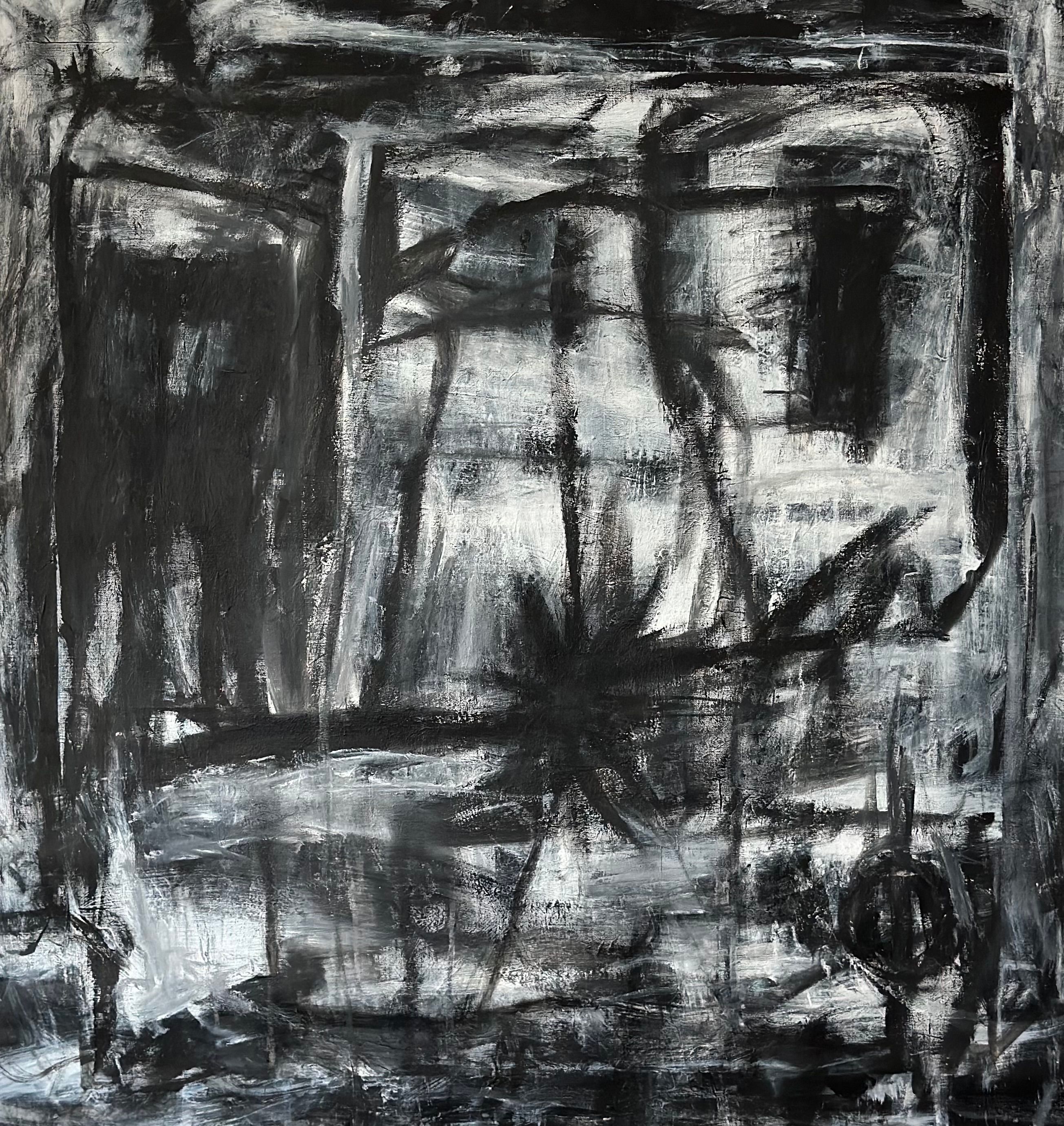 Komposisjon med sorte og hvite figurer og former. Delvis markerte linjer. 