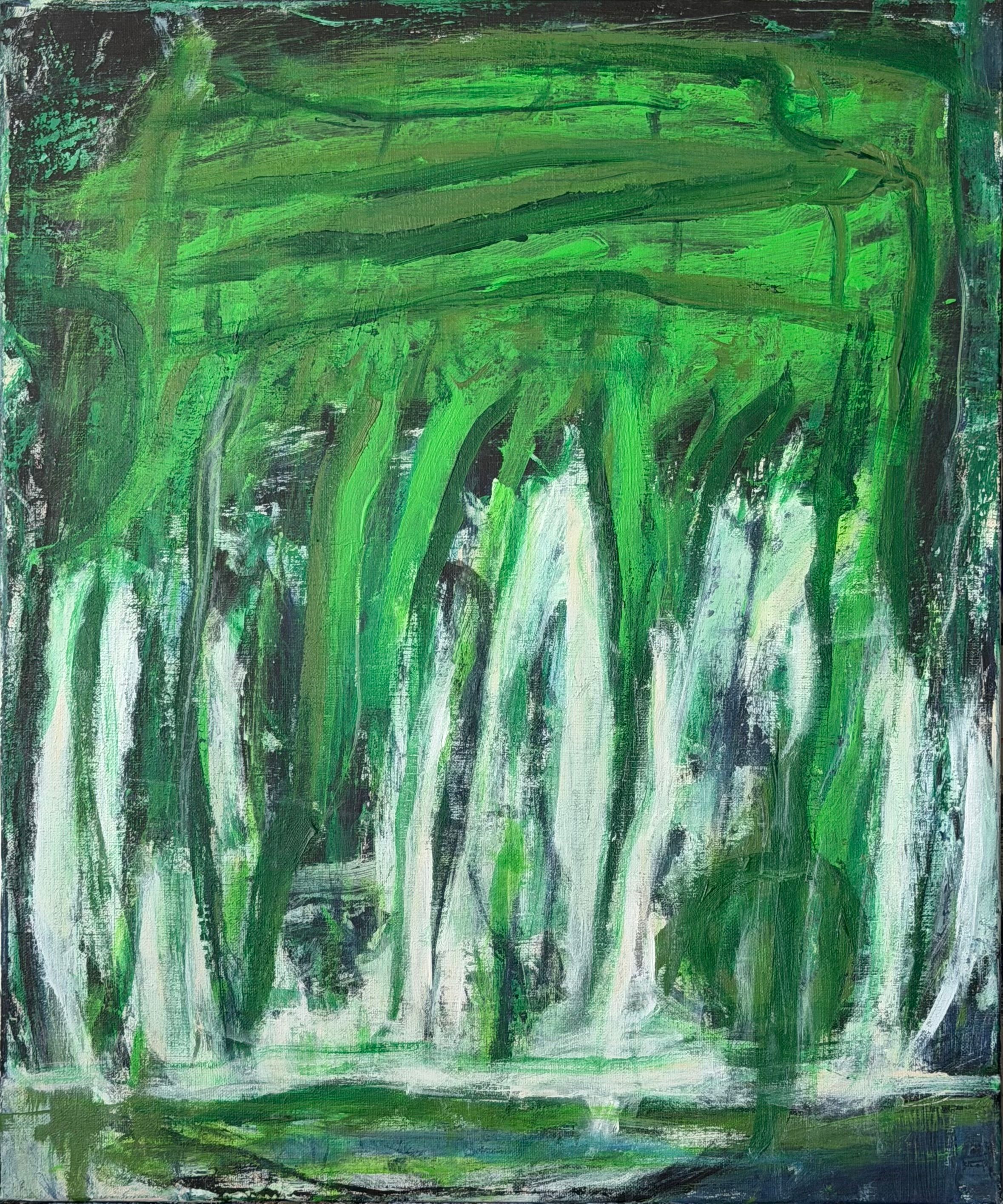 Abstrakt komposisjon. Visuelt dominans av to halvdeler. Øvre del grønt med flytende, horisontale antydninger av svakt sort og blått. Nedre del av off-white/hvitt og vertikale grønne strøk 