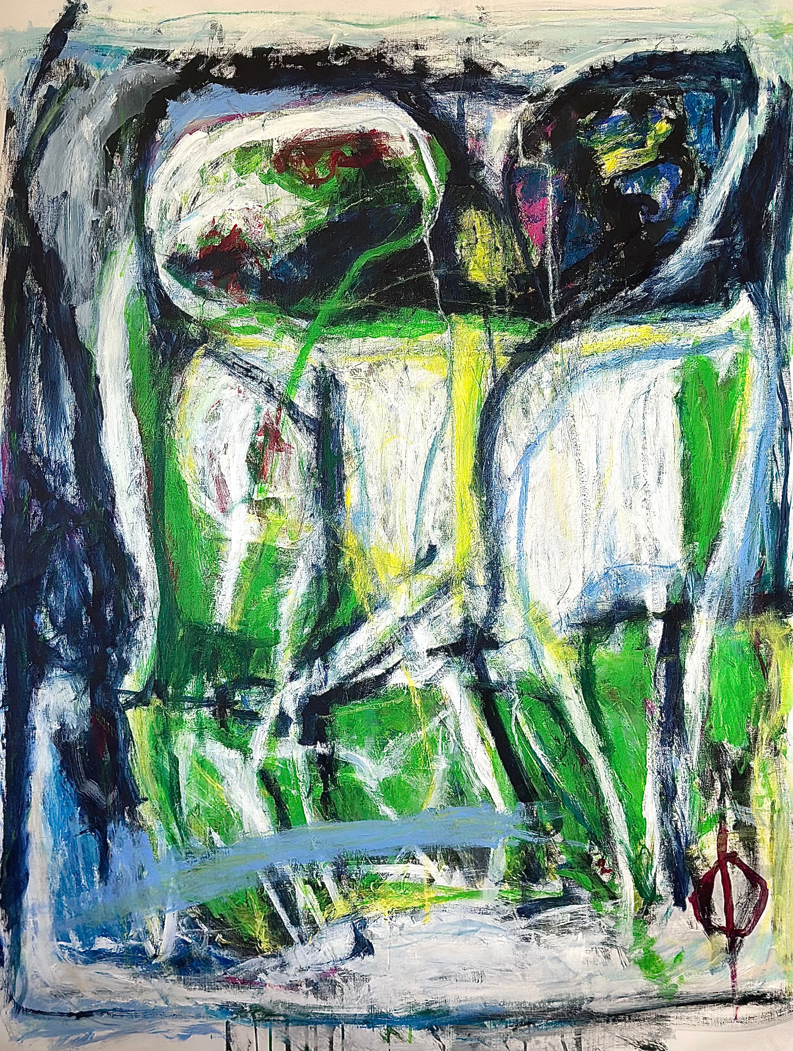 Abstrakt. Hovedsakelig linjer og former i grønt og hvitt – det hvite  med innslag av grønt, gult og lyst blått – omringet av mest indigo, sort, blått, gult og sjatteringer av grønt og grått mot hvitt. Figurer kan kanskje anes. 