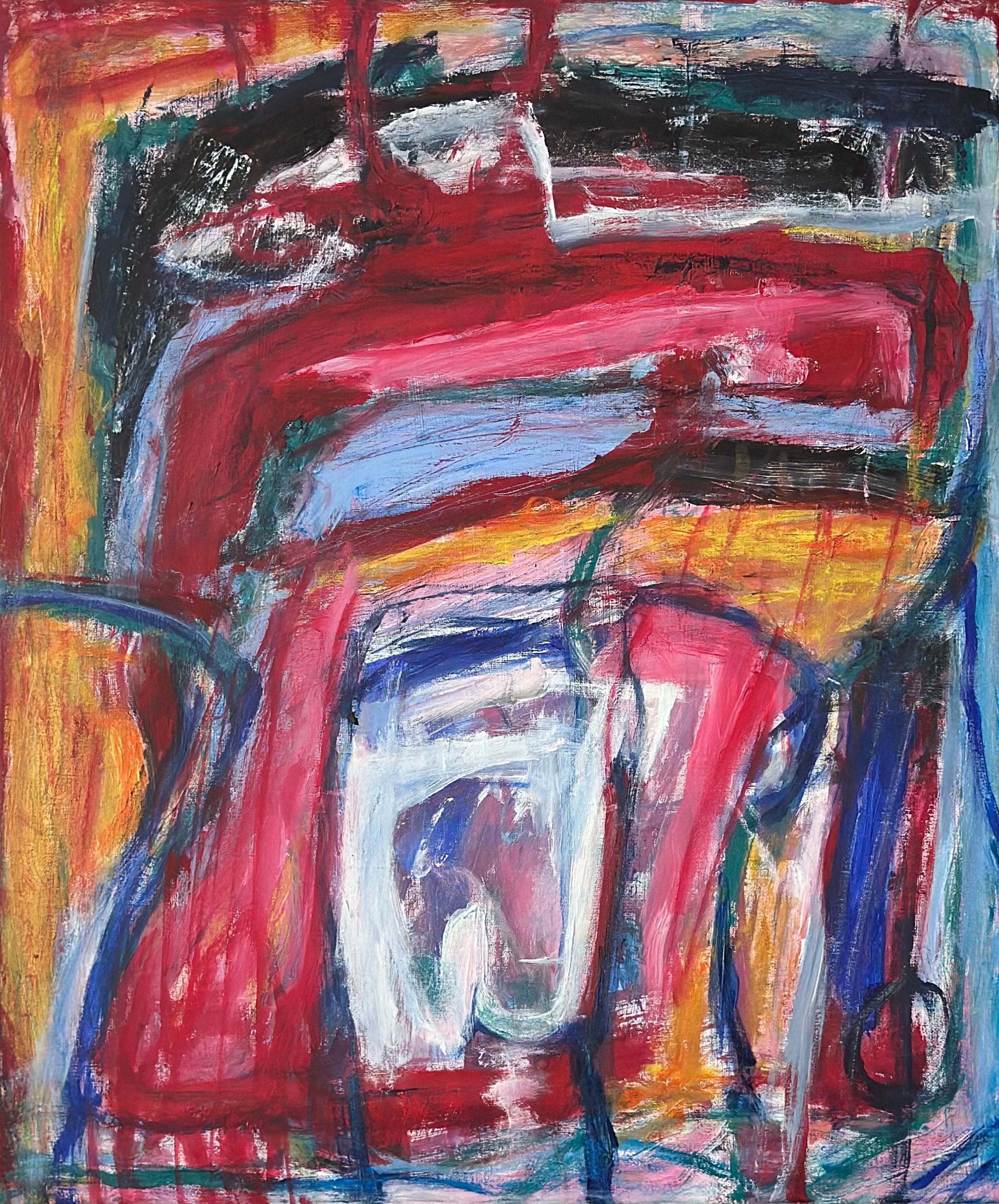 Abstrakt komposisjon. Dynamiske former og linjer i gult/oker, rødt, lys blått samt mørkere blå konturer og magenta. 