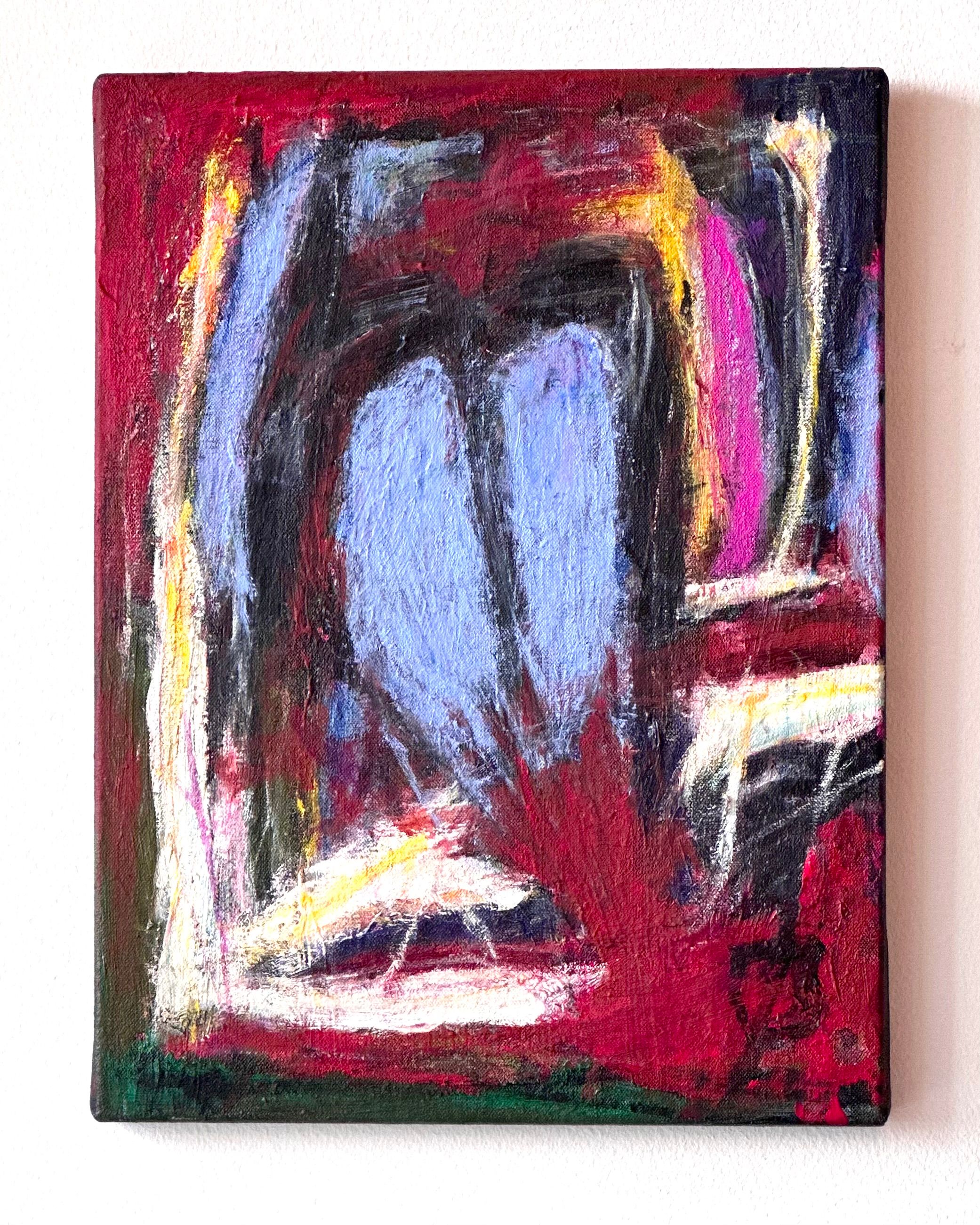 Abstrakt. Figurer og former i eggskallfarge, gult, litt hvitt, oransje, lys blått, magenta og sort på rødbrun bakgrunn. Nede, to smale horisontale linjer i sort og mørk grønt. 