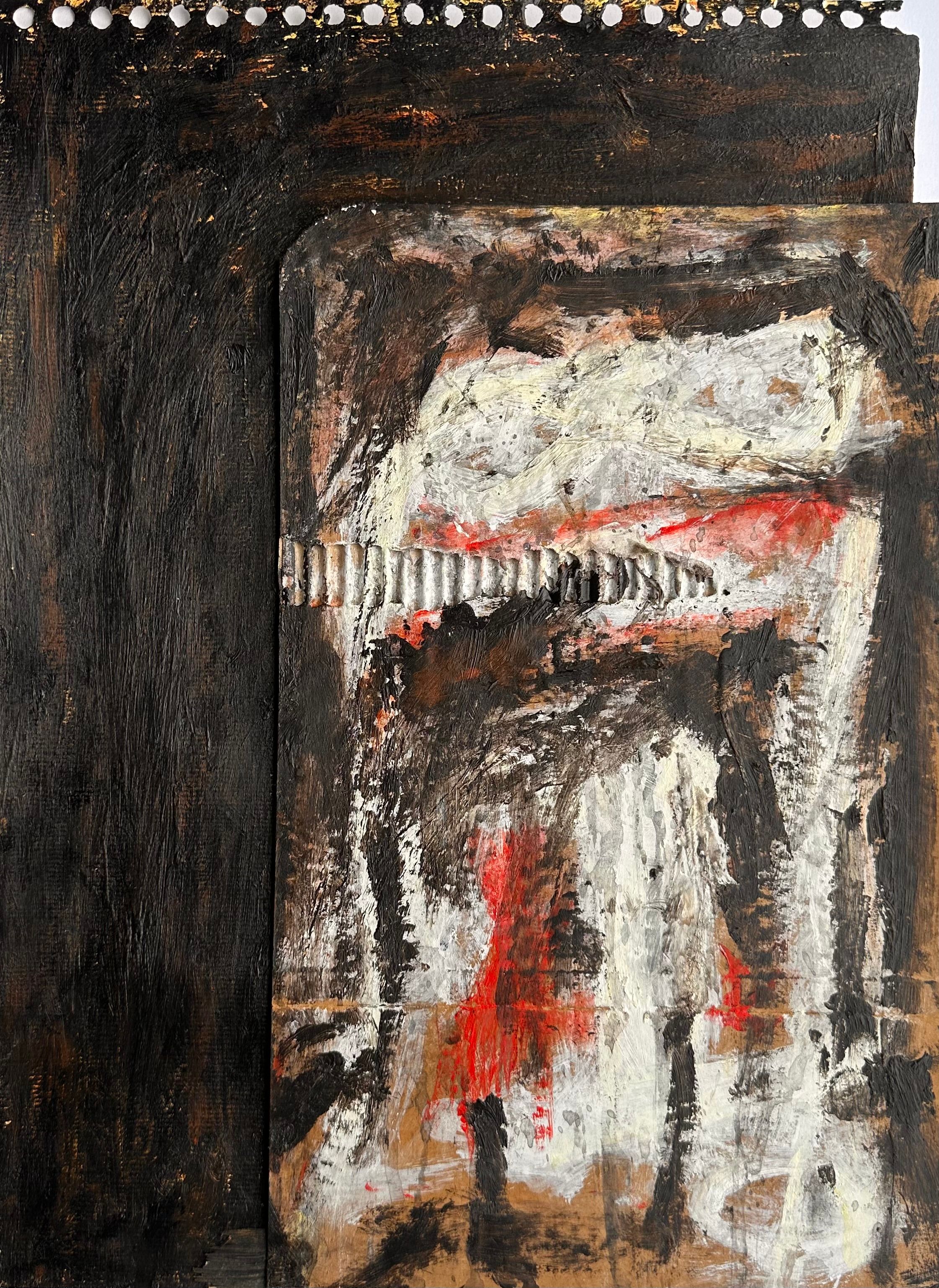 Lyse figurer omgitt av mørke brune konturer i profil bedt mot en mørke brun og sort flate. 