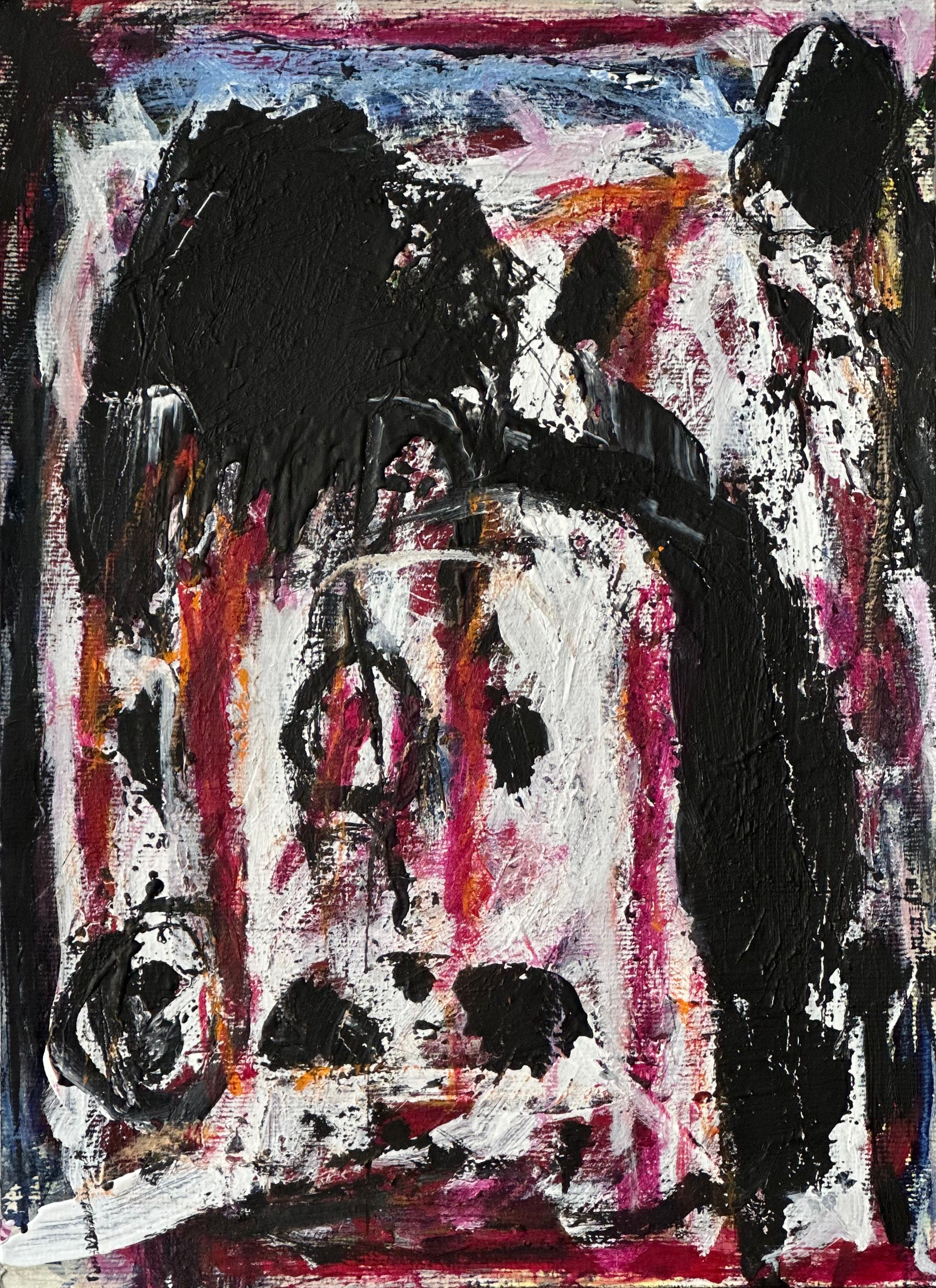 Abstrakt komposisjon. Sorte elementer danner hovedmotiv. Bakgrunn består av linjer og strøk i hvitt, rødt, gult og blått. 