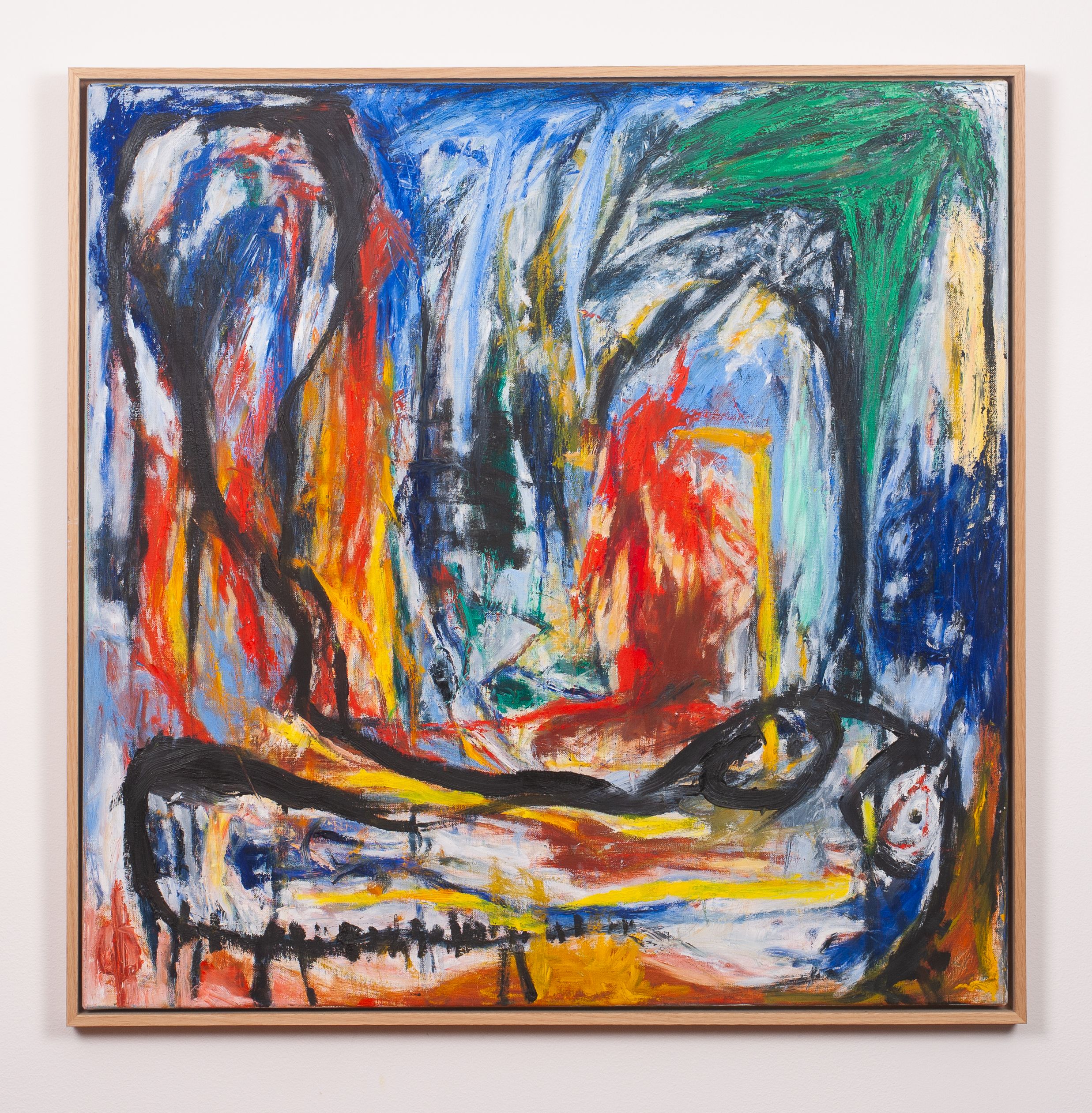 Penselstrøk, streker og former danner figurer og elementer i blått, oker, gult hvitt og grønt. To spesifikke figurer fremheves av sorte omriss. 