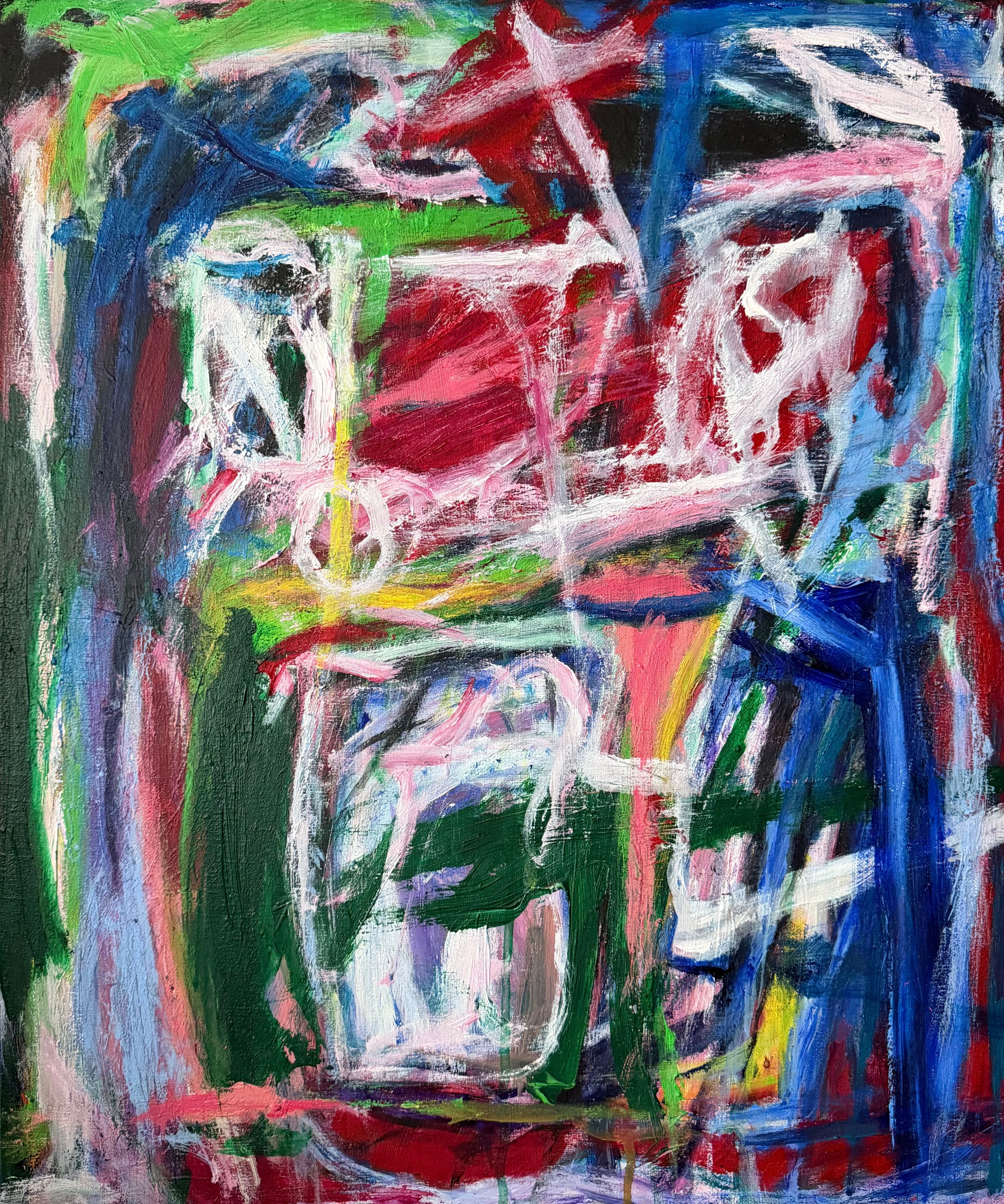 Abstrakt komposisjon. Dynamiske former og linjer i rødt, blått, grønt og hvitt pluss diverse sort, gult, rosa og magenta. 