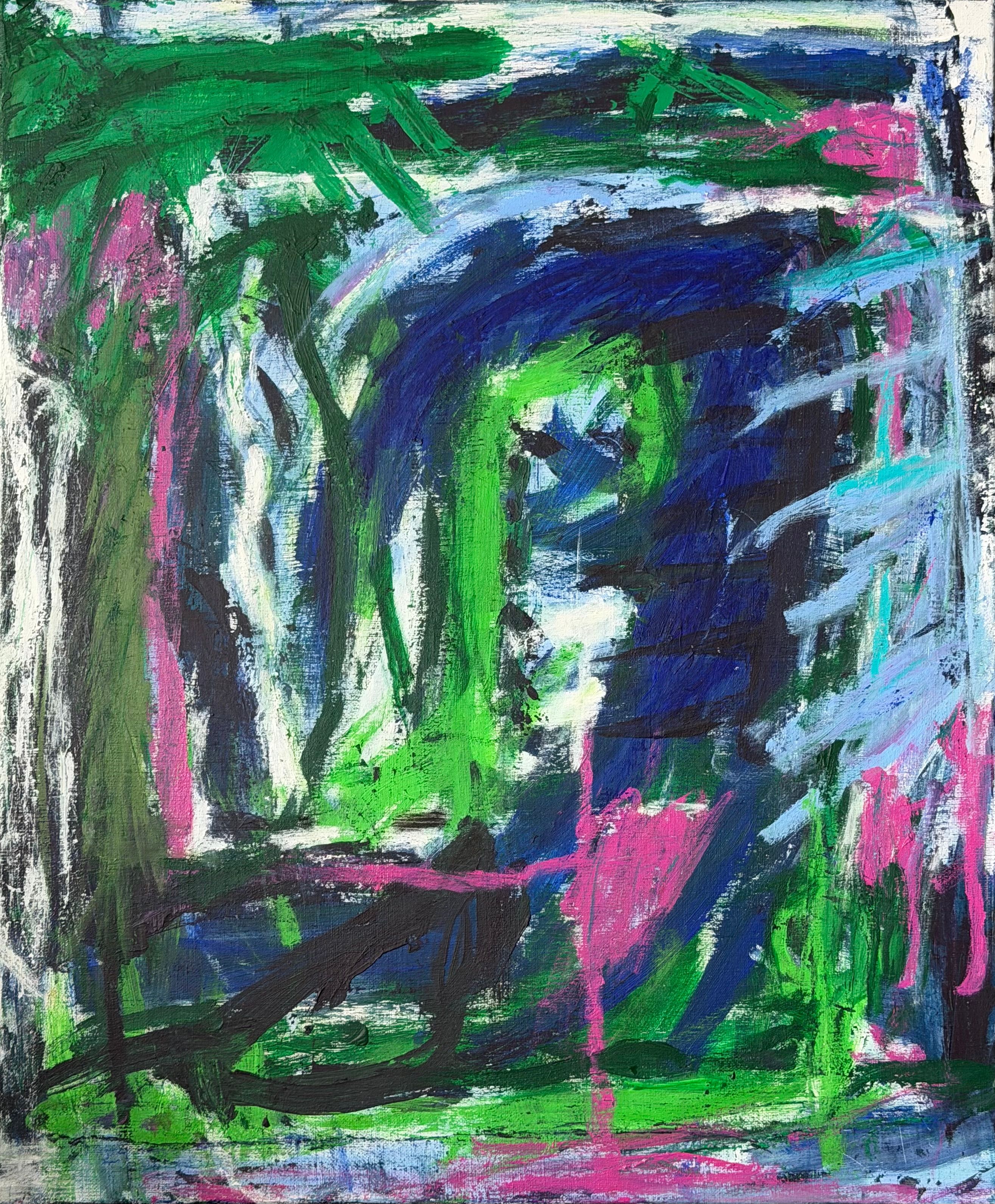 Abstrakt komposisjon. Linjer og kurver i blått og grønt, samt hvitt og magenta. Blått visuelt dominant.
