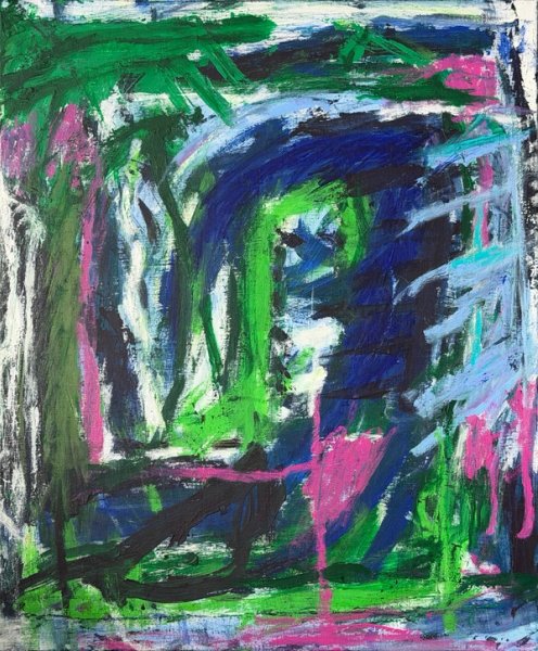 Bølgenes stemme Abstrakt komposisjon. Linjer og kurver i blått og grønt, samt hvitt og magenta. Blått visuelt dominant.