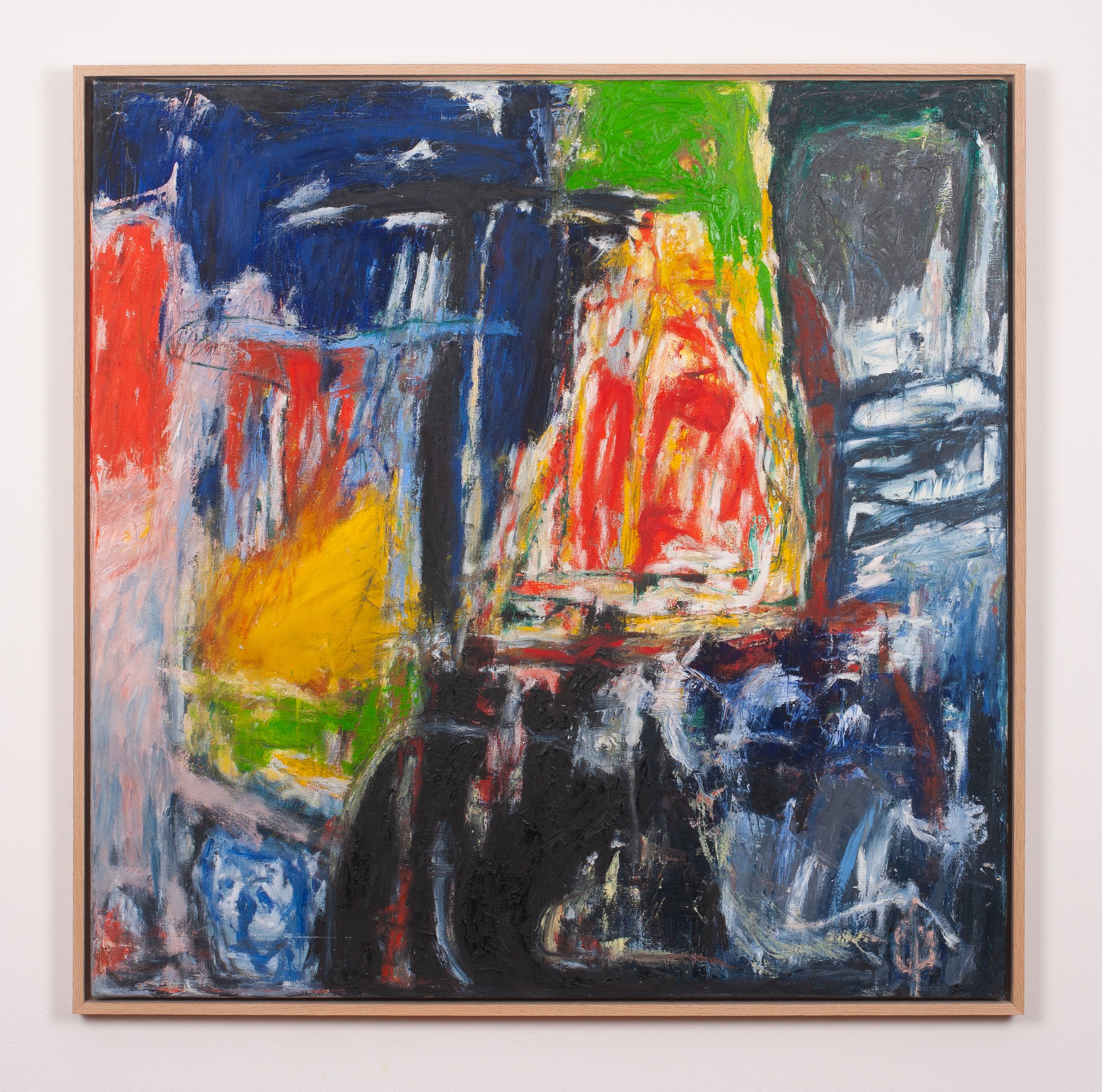 Former og figurer i blått, rødt gult, grønt, sort og hvitt. Bildet domineres av et sentralt parti som er blått, sort og grønt, med bruddstukker av rødt hvitt og blått. 