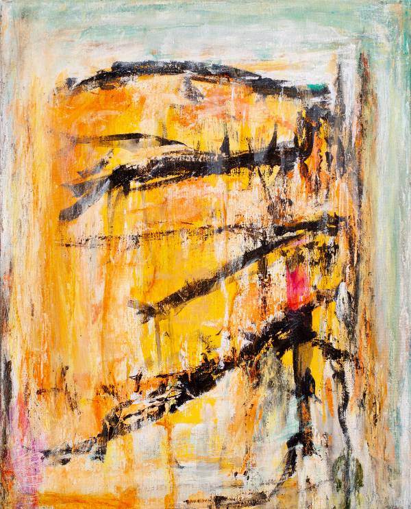 Abstract. Surface dominated by light, ochre, orange and yellow, interspersed white, that blend into each other. Edges in gray-green interpersed white. Black lines in the surface can depict figures or beings, or express energy.