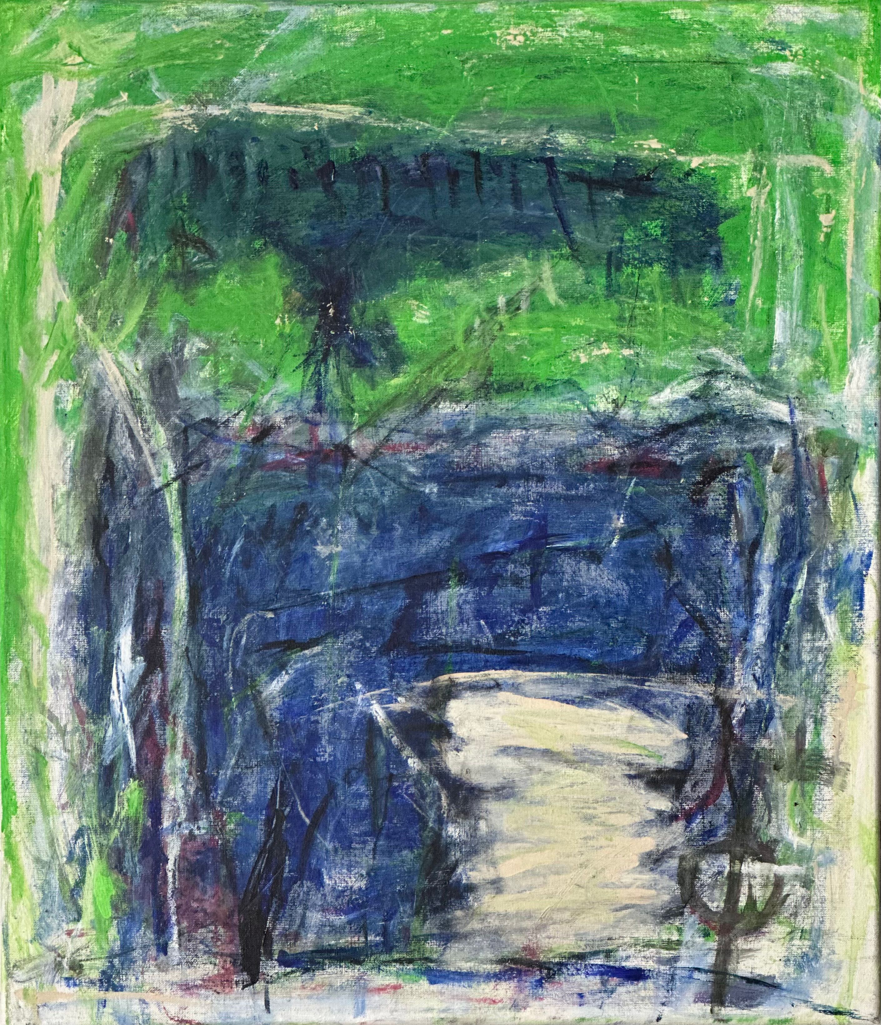 Øverst et slags avtrykk av et mørkeblått vesen i grønne omgivelser. Nedenfor sees en blå flate – som  igjen avgrenses av en vertikal smal hvit flate helt nede. Flatene brytes av tynne penselsrtrøk i hvitt, svart og eggskallfarge.