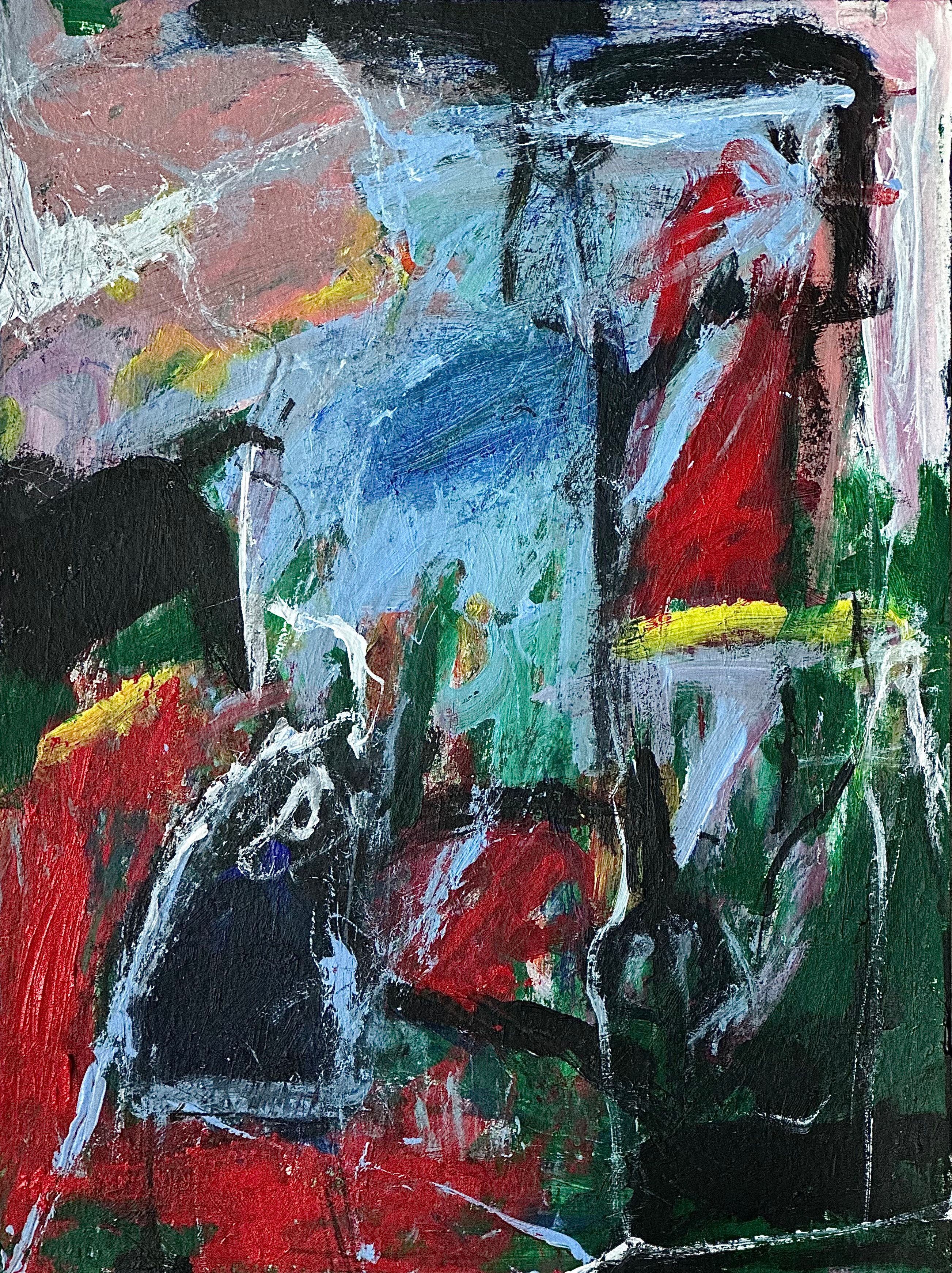 Abstrakt komposisjon. Sort bakgrunn skimtes bak flater og former med grove konturer i lys blått, marinblått, rødt, rosa, grønt og hvitt. Linjer og streker i sort, hvitt og lys blått. 