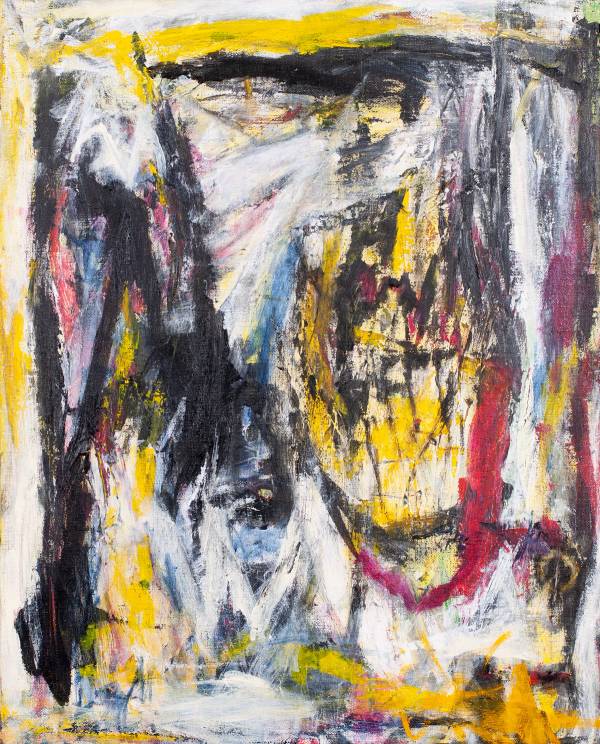 Some will call it abstract, others semi abstract. The surface is covered by strokes of yellow, white and black, plus clear elements of red. Uncertain whether it is one or more figures, or none, to be seen.