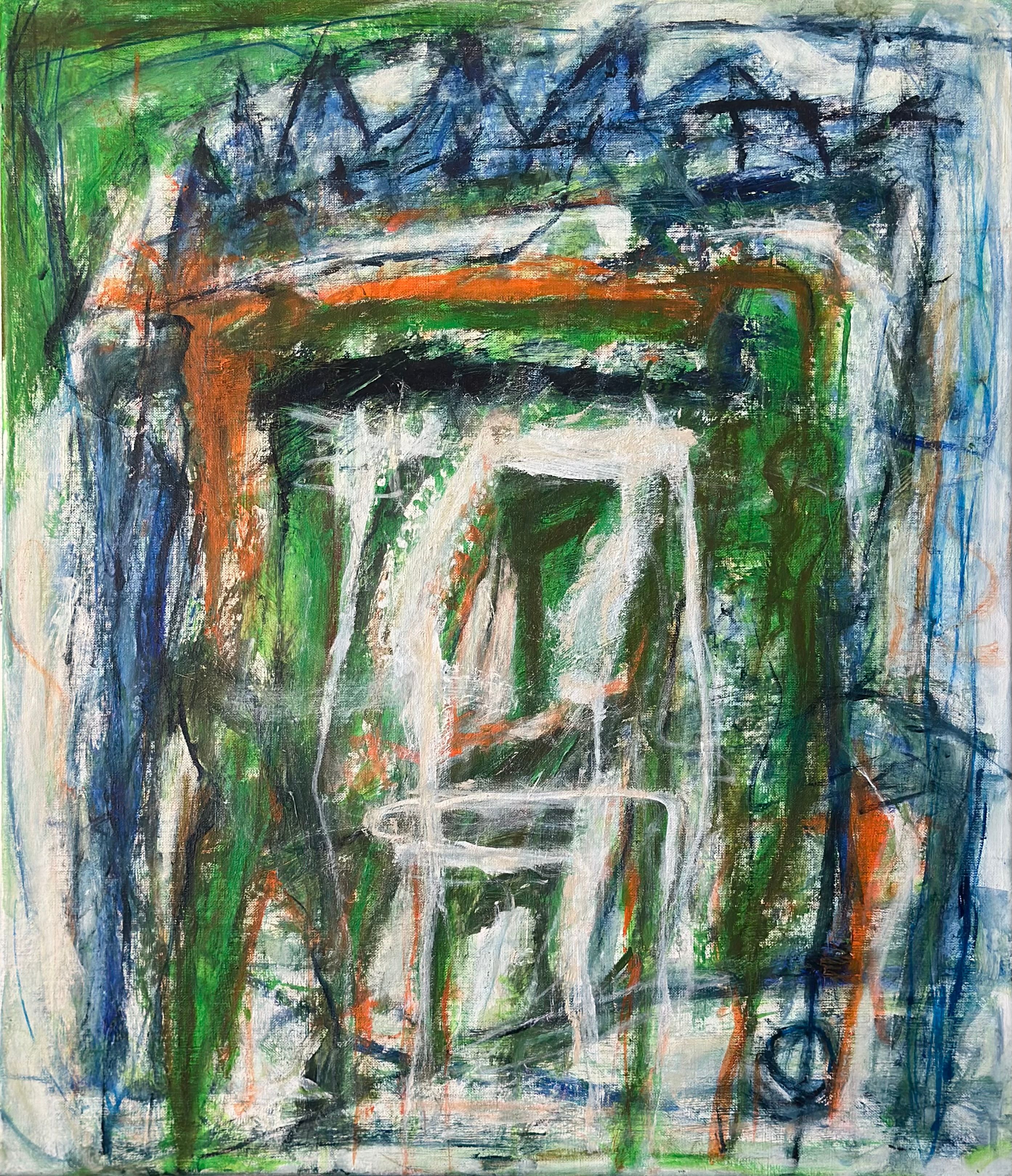 En grønn flate brytes av blå og hvite omgivelser. Grønt også i venstre hjørne. Tydelige penselstrøk antyder former og figurer. 