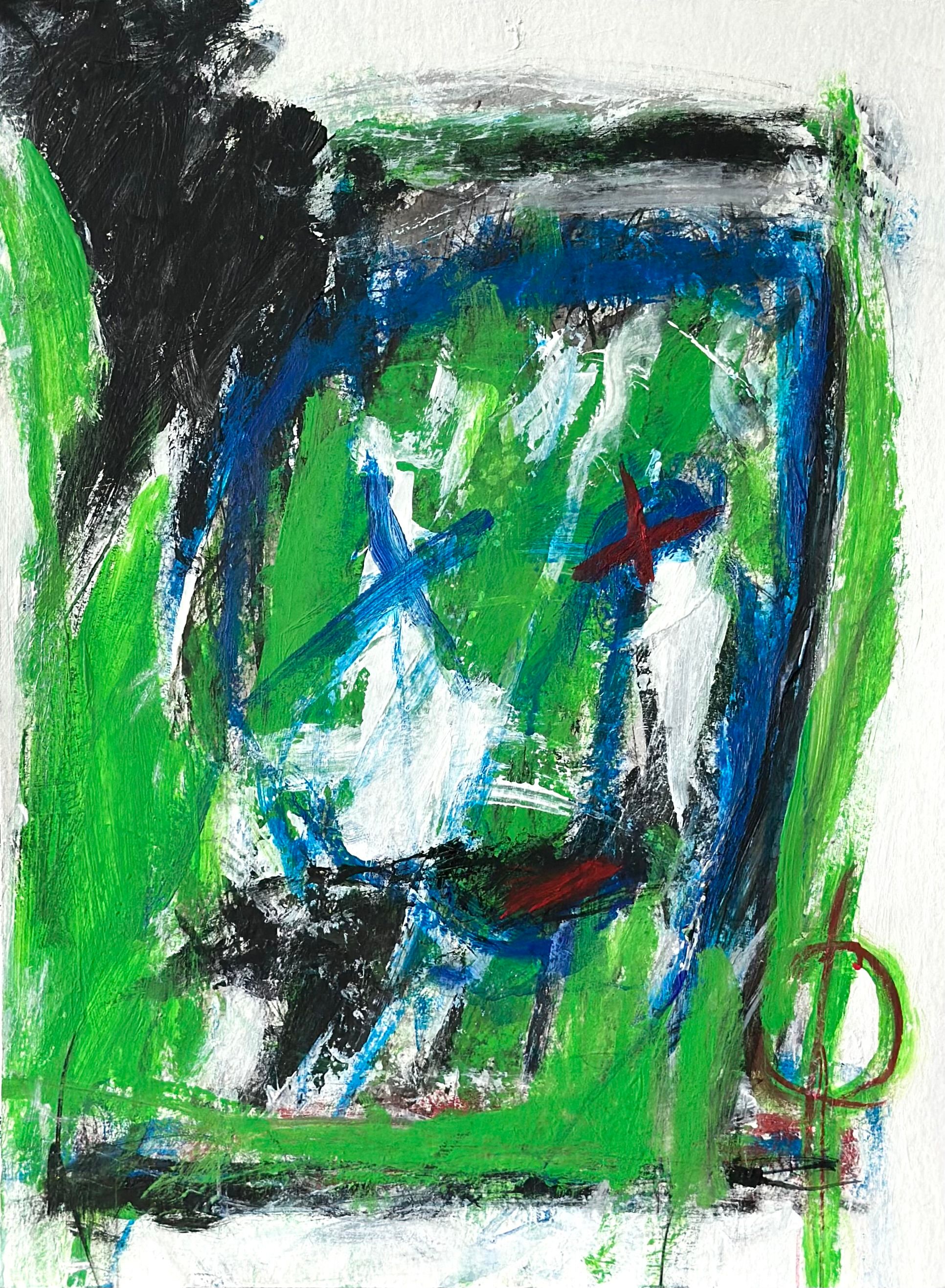 Abstrakt komposisjon. Linjer, former og figurlifnende elementer i grønt, rødt, blått, hvitt og sort 