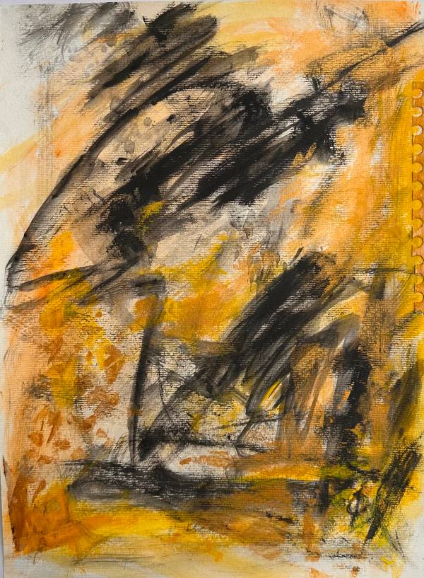 Yellow on paper with black lines and brush strokes. Some golden and transparent black fields. 