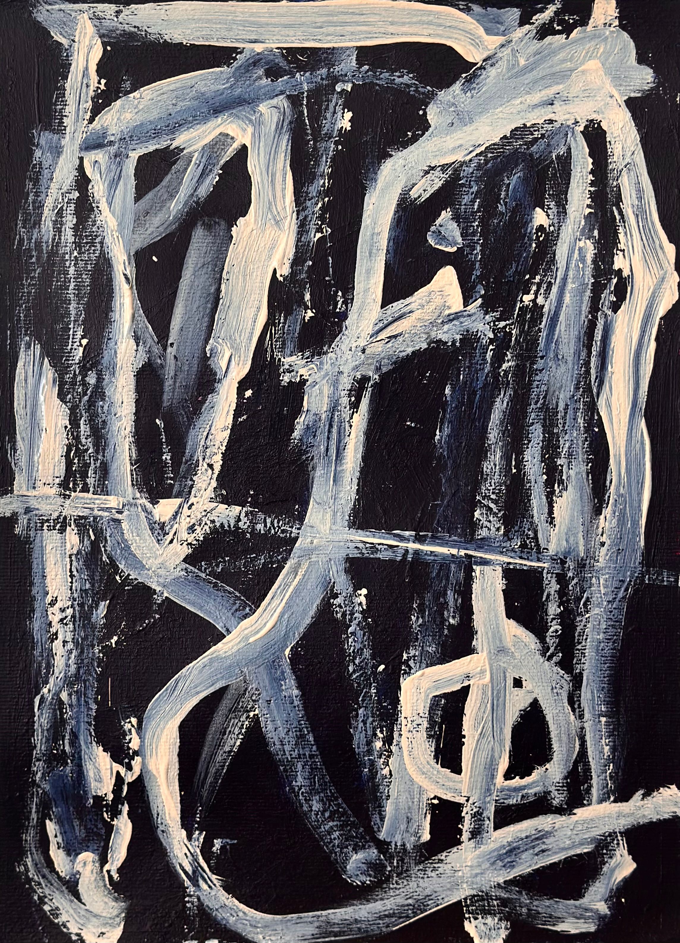 Abstrakt komposisjon. Hovedsakelig indigo og sort med eggeskallfargete former og linjer – samt sjatteringer. 