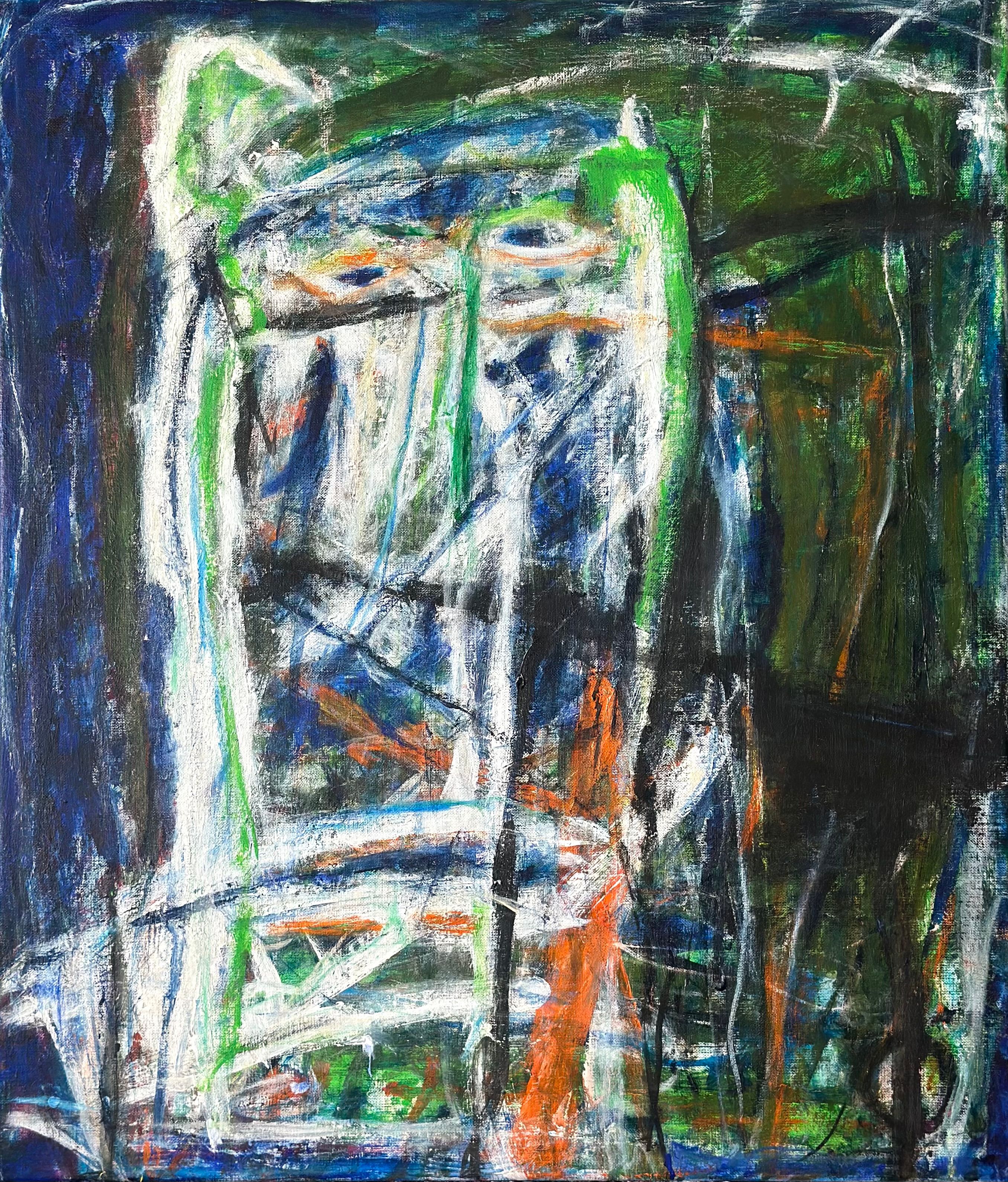 En blå og grønn vertikal flate deles av en ujevn linje. Begge brytes av strukturer som antyder bevegelser – hovedsakelig i hvitt, valører av blått, svart og oransje.