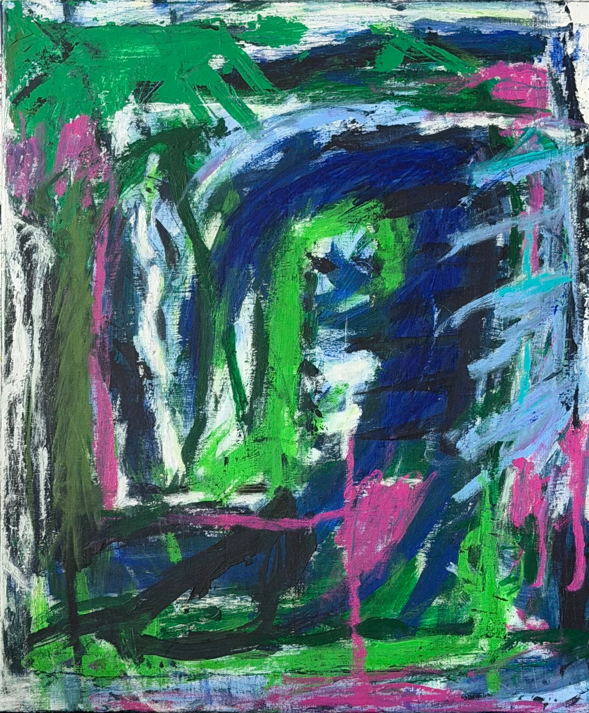 Abstrakt komposisjon. Linjer og kurver i blått og grønt, samt hvitt og magenta. Blått visuelt dominant.