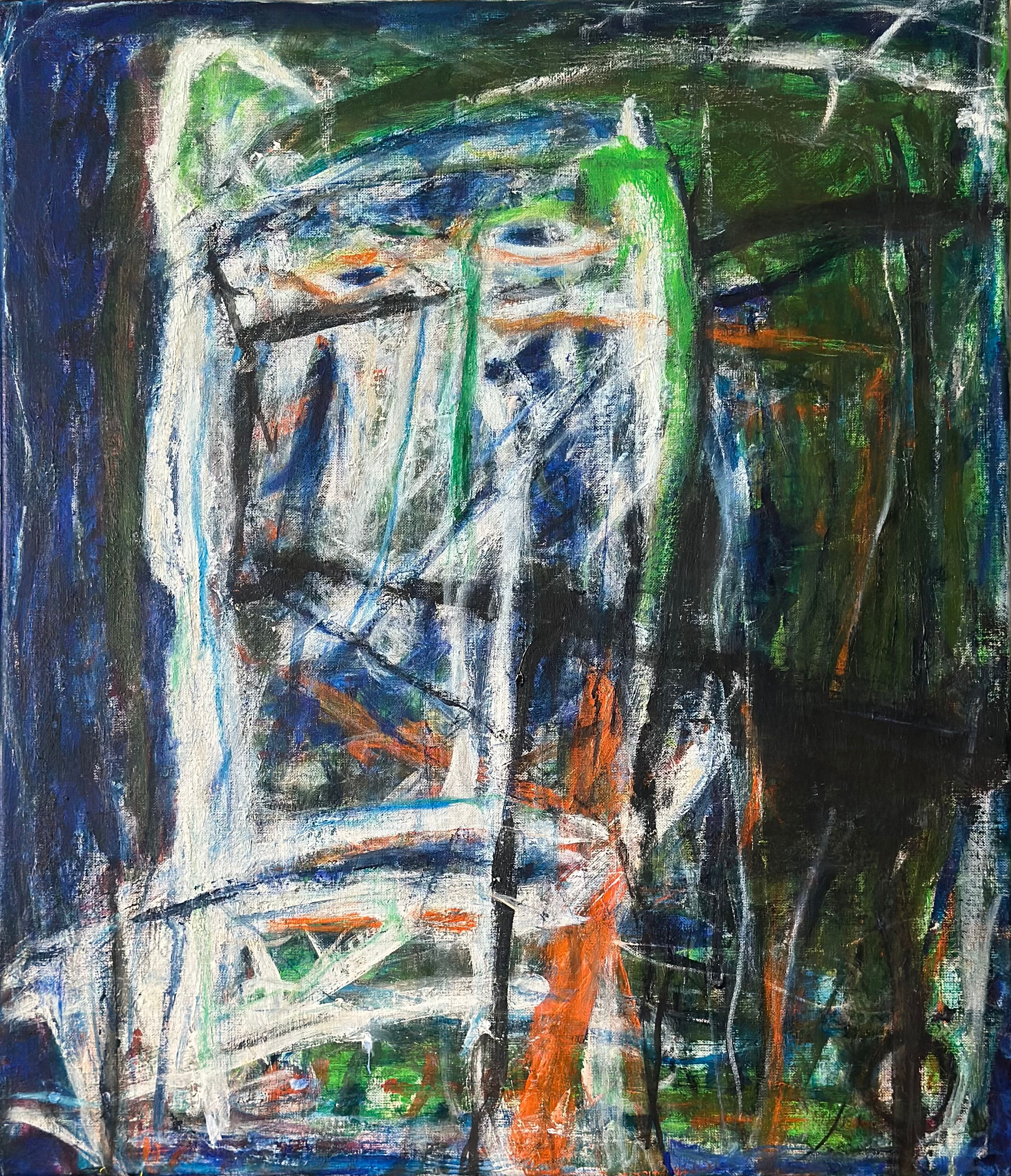 En blå og grønn vertikal flate deles av en ujevn linje. Begge brytes av strukturer som antyder bevegelser – hovedsakelig i hvitt, valører av blått, svart og oransje.