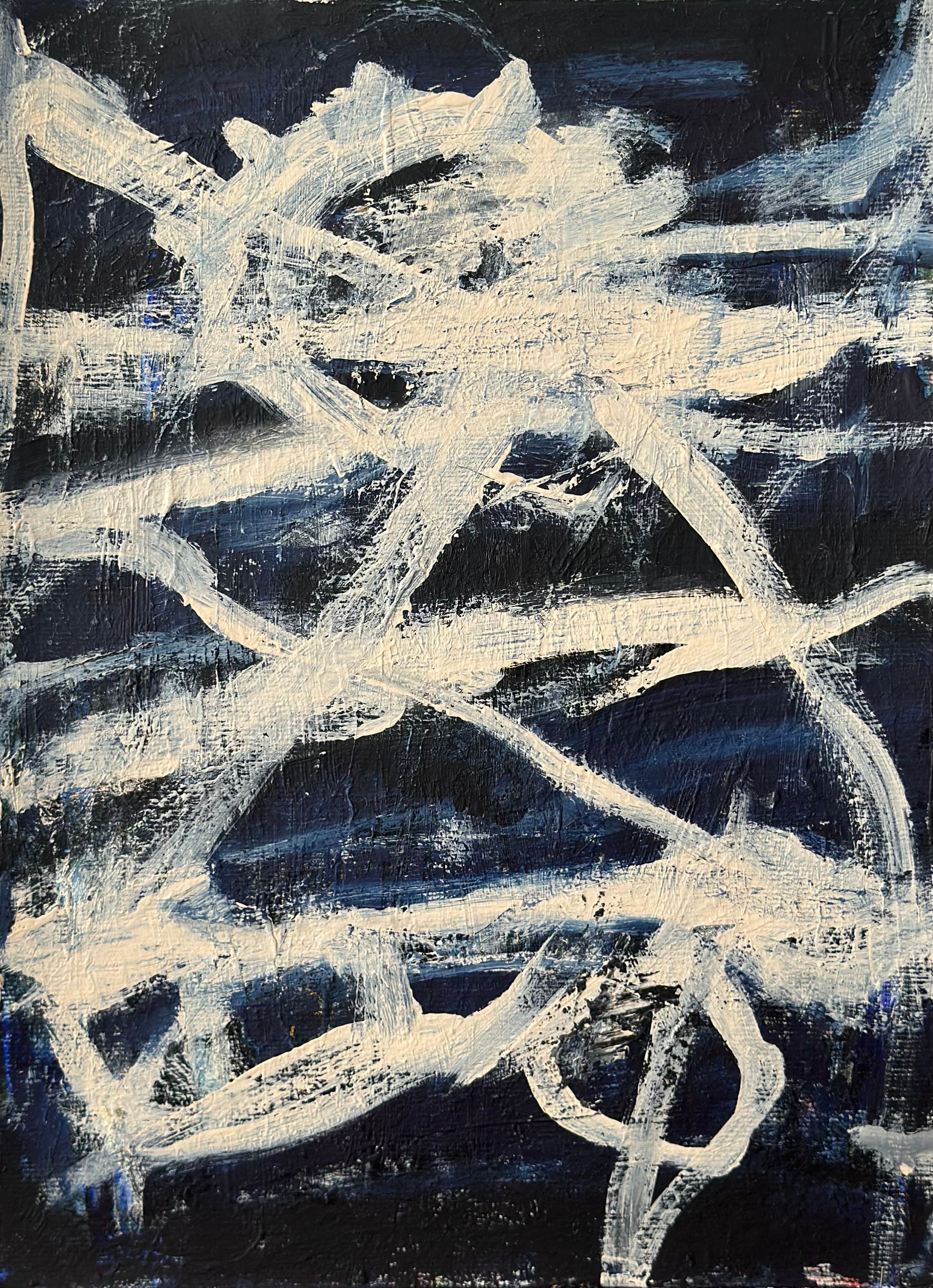 Abstrakt komposisjon. Hovedsakelig indigo og sort med eggeskallfargete former og linjer – samt sjatteringer. 