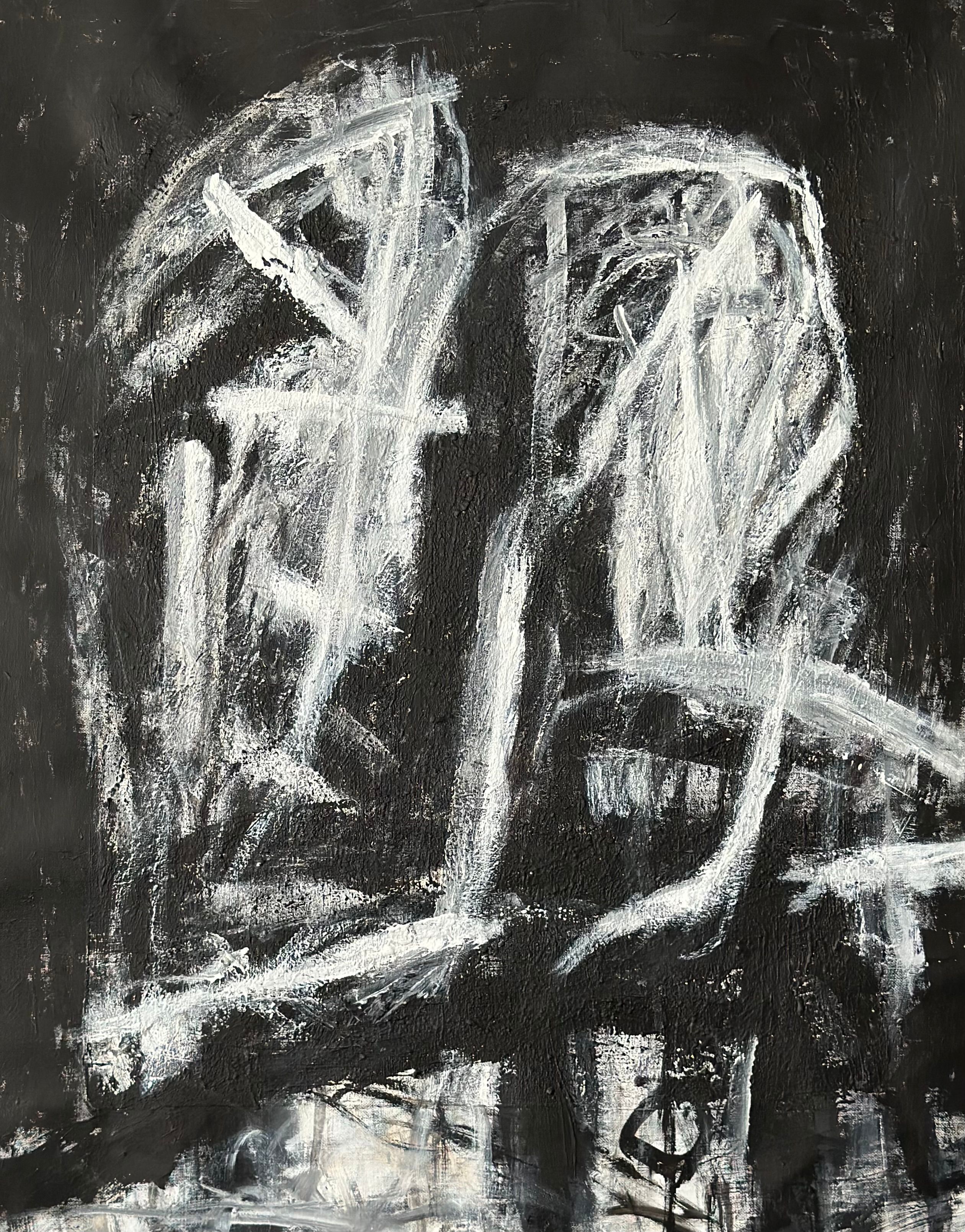 Abstrakt komposisjon. Hvite og grå linjer på sorte flater danner former og mulige antydninger av figurer. 