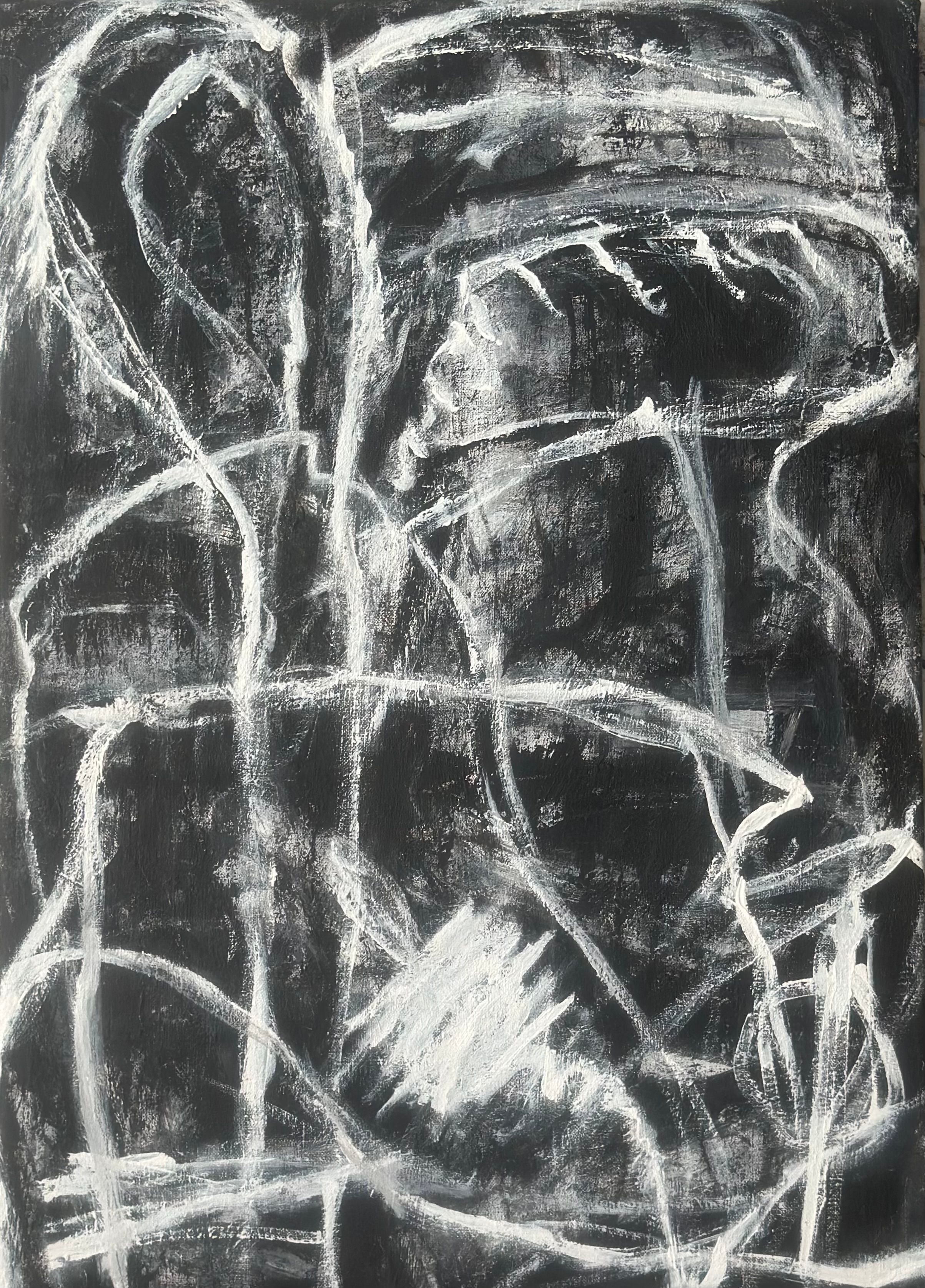 Abstrakt billedspråk. Hvite linjer og nyanser svinger seg – på på sort bakgrunn. 