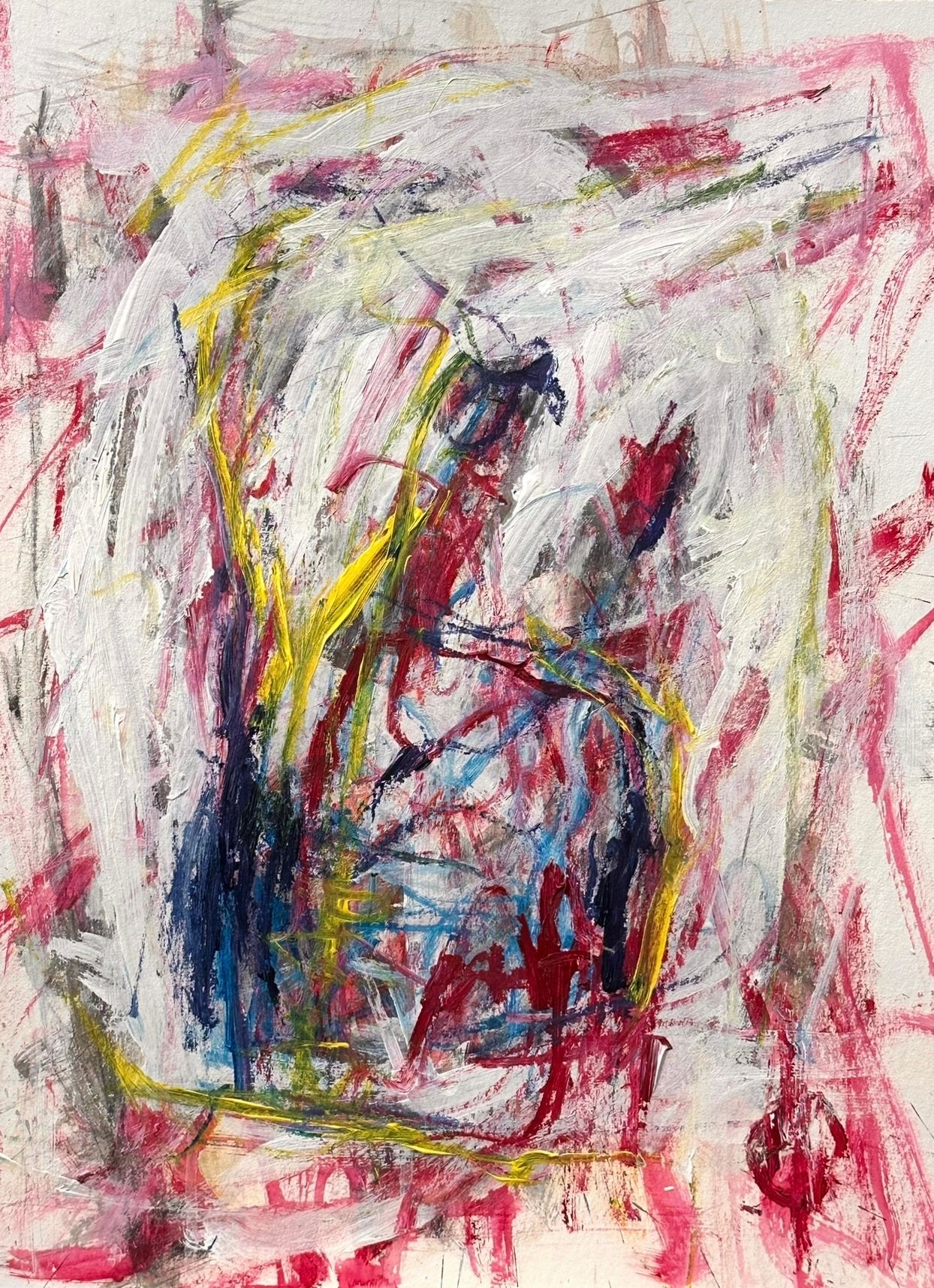 Kan betegnes som helt abstrakt – eller kanskje et semiabstrakt portrett. Hovedsakelig en røff hvitt flate brutt av linjer i rødt, blått og gult. 