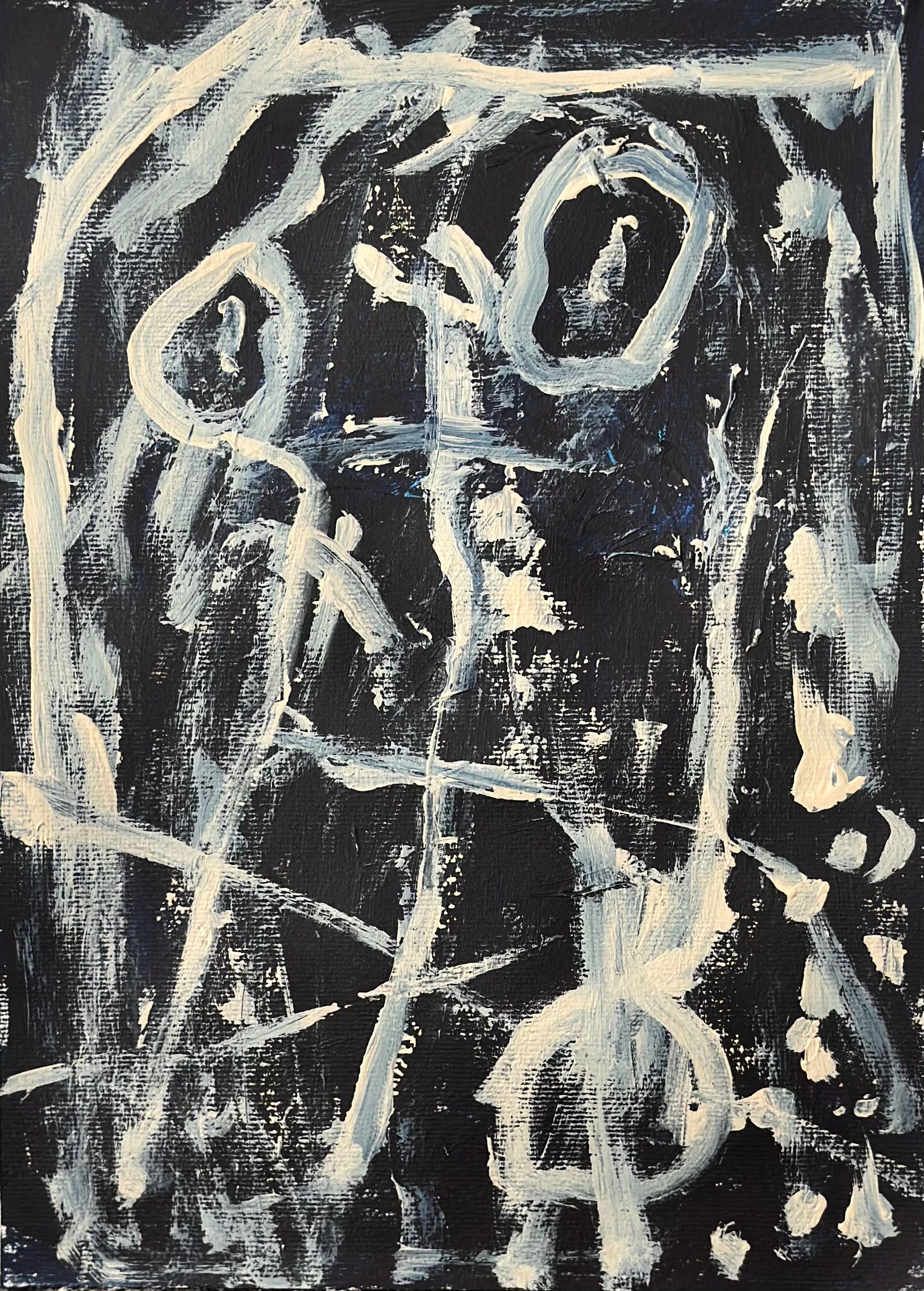 Abstrakt komposisjon. Hovedsakelig indigo og sort med eggeskallfargete former og linjer – samt sjatteringer. 