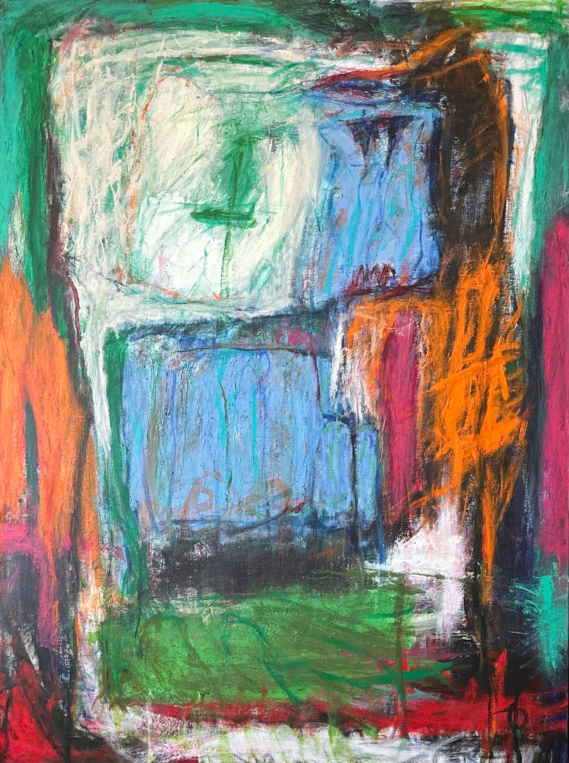 Former og figurer i lyseblått, grønt, hvitnyanser,rødt, rosa og oransje. Kraftige og mindre kraftige konturer. 