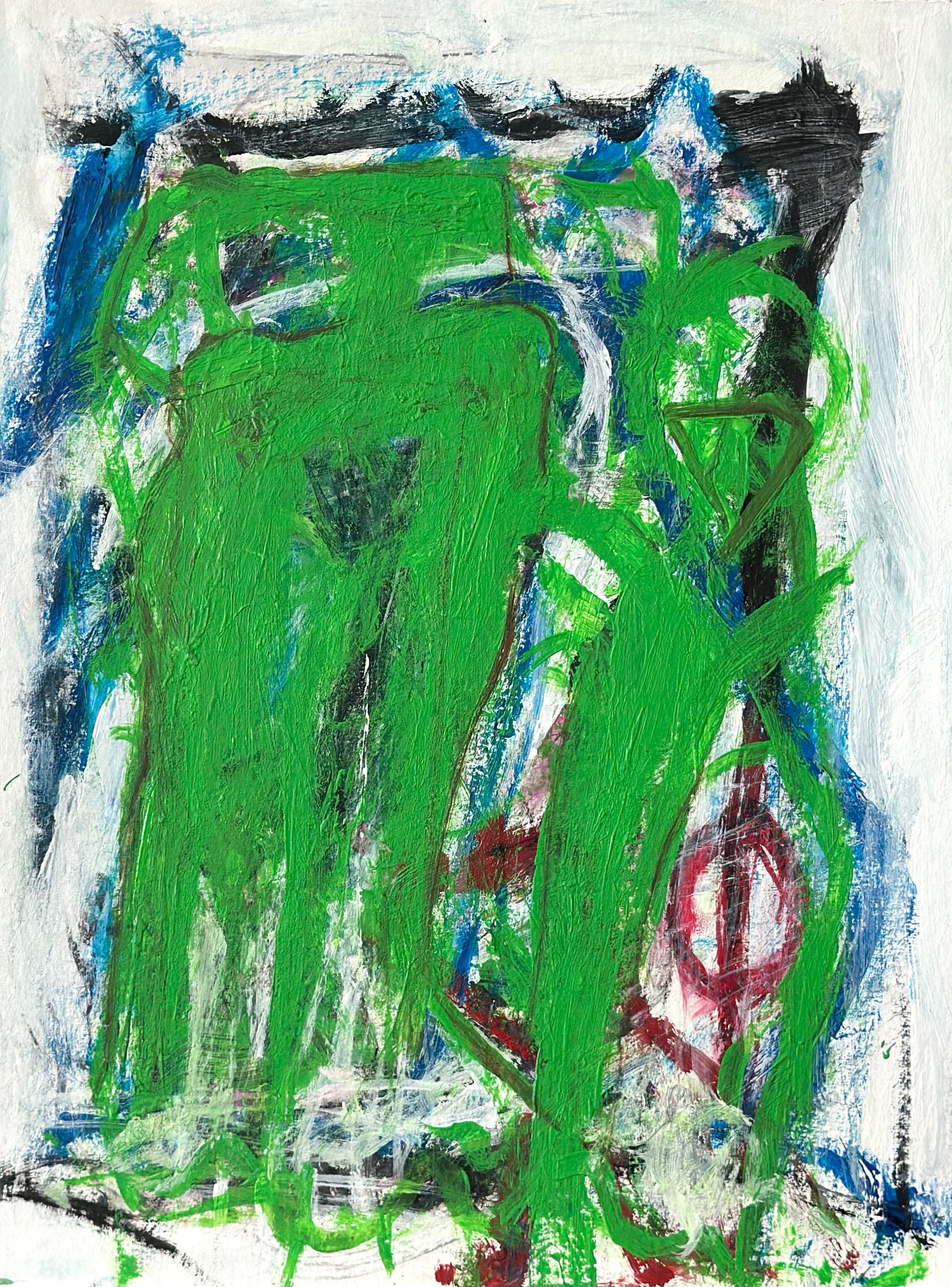 Abstrakt komposisjon. Linjer, former og figurlifnende elementer i grønt, rødt, blått, hvitt og sort 