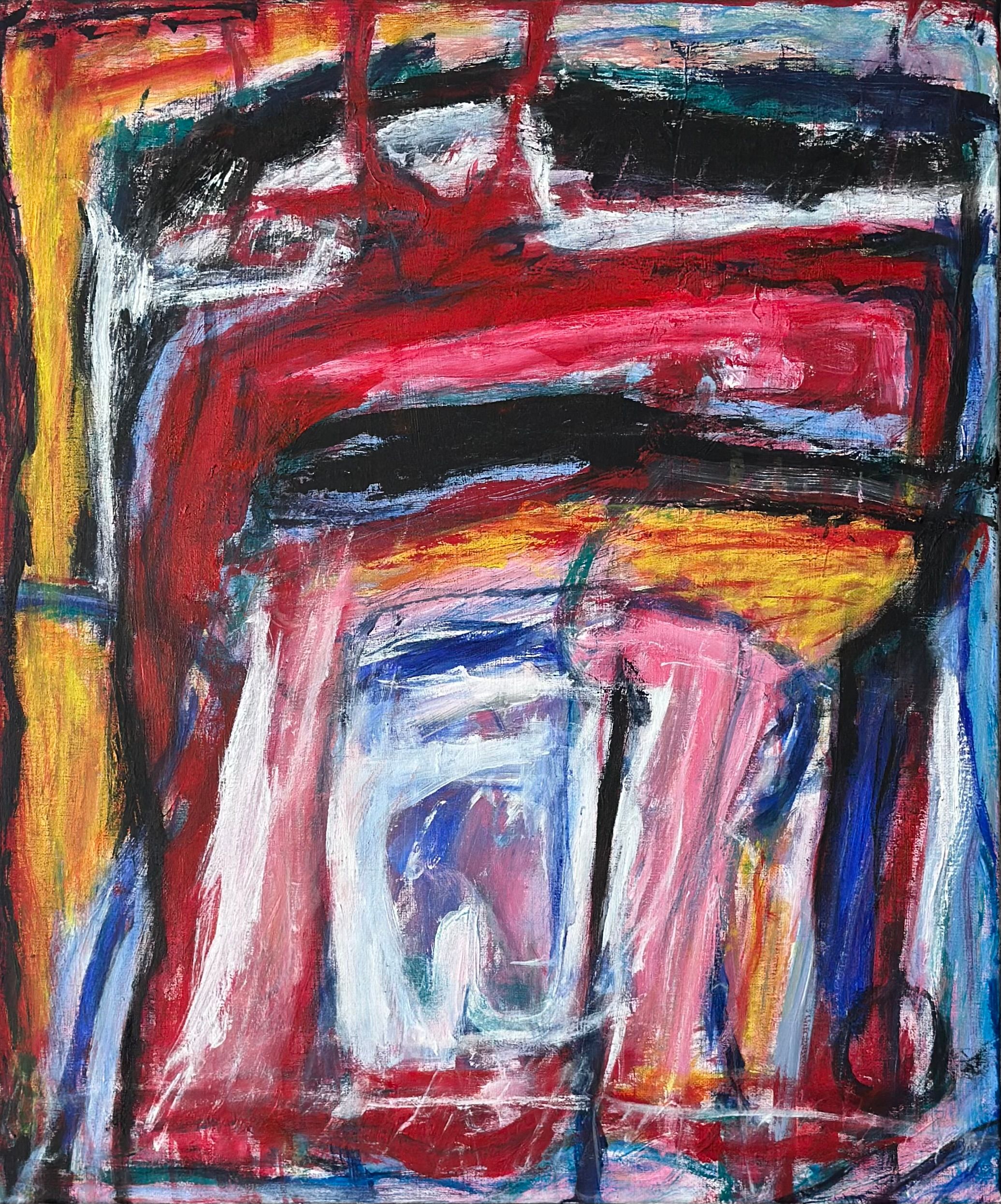 Abstrakt komposisjon. Dynamiske former og linjer i gult/oker, rødt, sort, lys blått samt mørkere blå konturer og magenta. 