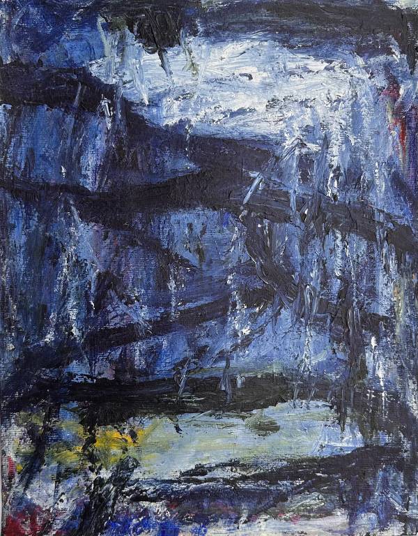 Composition dominated by shades of blue, white and hints of yellow. Defined vertical lines in very dark blue.