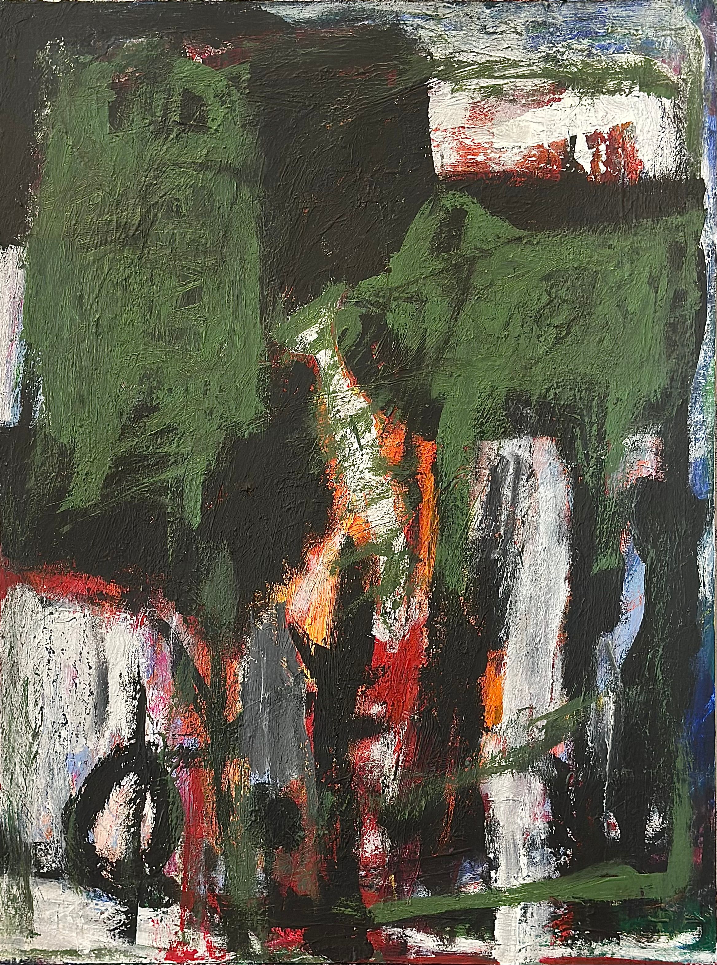 Grønne figurlignende former på sort og delvis hvit bakgrunn er dominerende. Ellers ytterligere elementer i sort og hvitt samt oransje, gult, rødt, blått og grått.