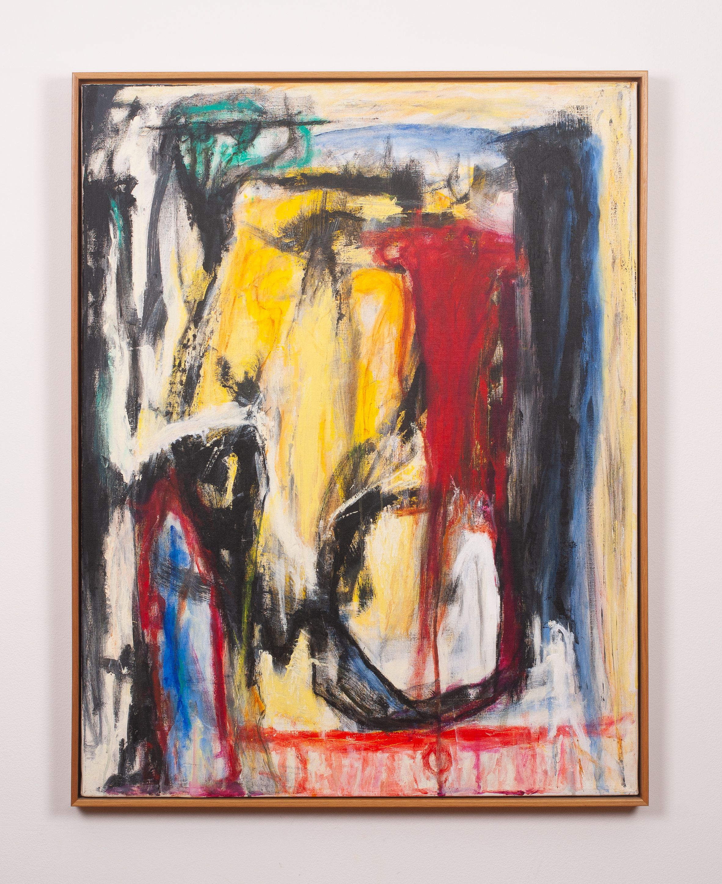 Bildet er abstrakt, men inneholder former og figurer som kan assosieres med levende vesener i kontakt med hverandre. Hovedfarger rødt, gult og sort. Noen nyanser av blått. Hvit bakgrunn.