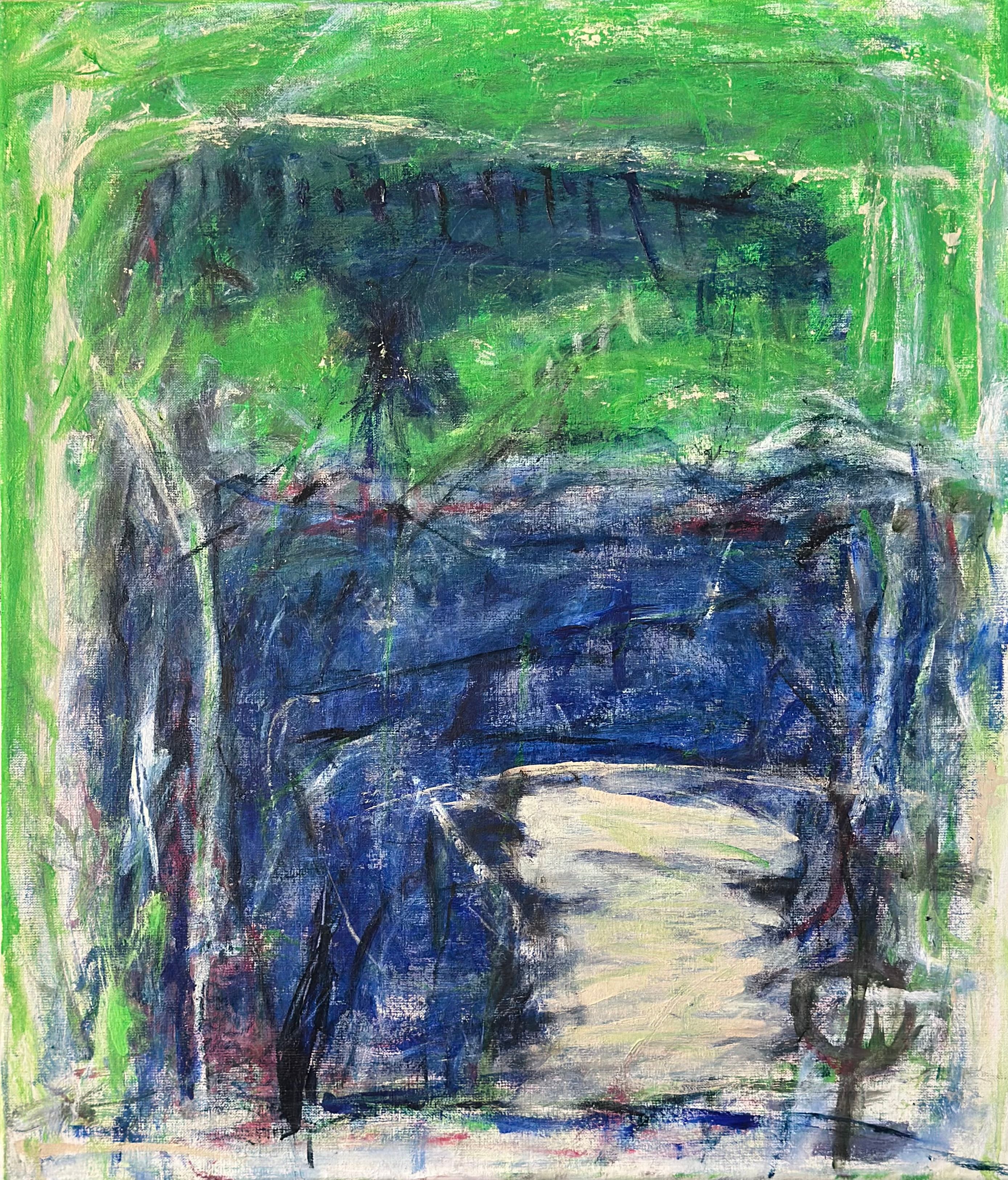 Øverst et slags avtrykk av et mørkeblått vesen i grønne omgivelser. Nedenfor sees en blå flate – som  igjen avgrenses av en vertikal smal hvit flate helt nede. Flatene brytes av tynne penselsrtrøk i hvitt, svart og eggskallfarge.