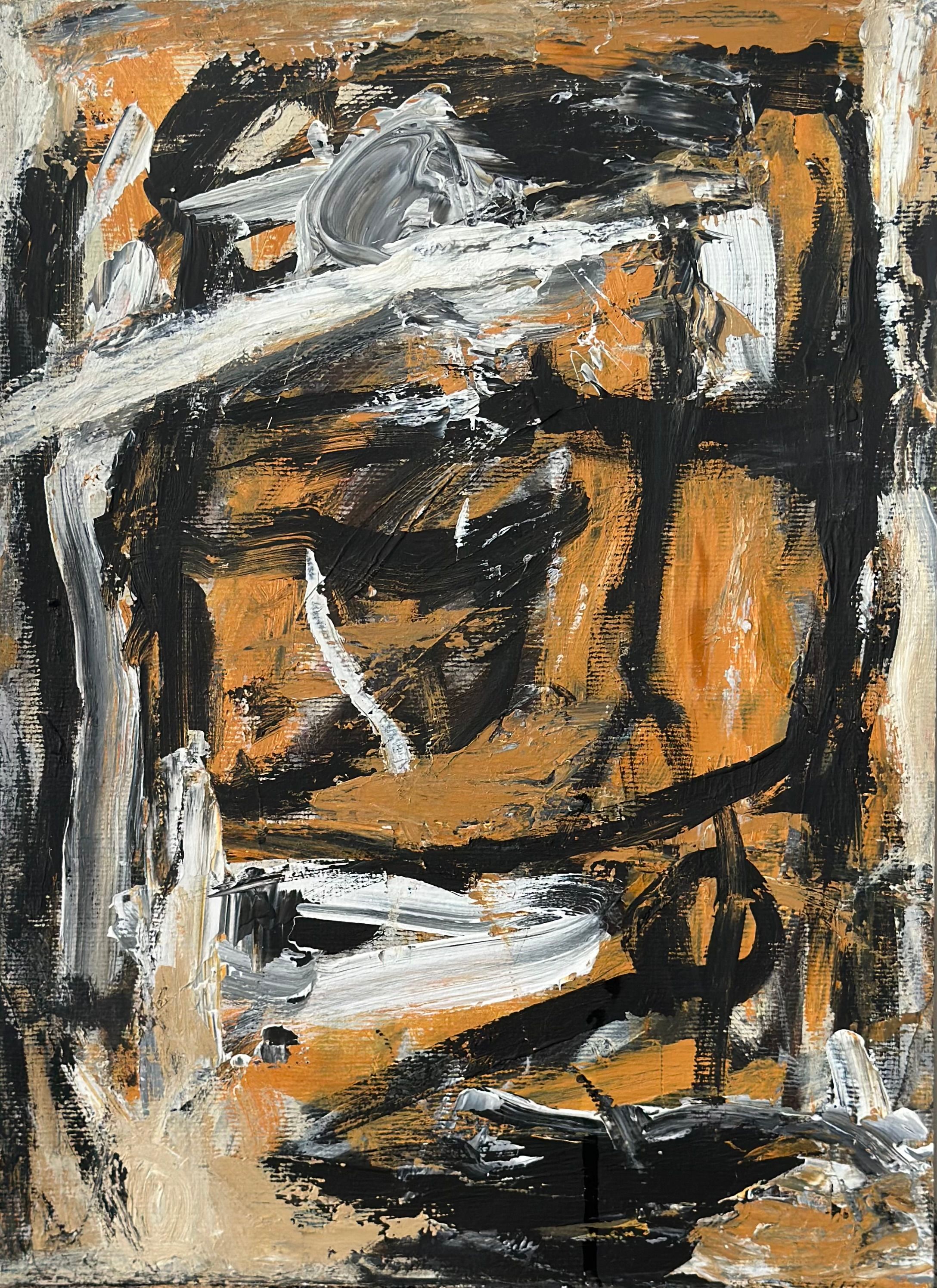 Abstrakt komposisjon. Bakgrunn i nyanser av oker. Sorte og hvite linjer og strøk åpner for inntrykk av mer eller mindre synlige skapninger i bevegelse. 