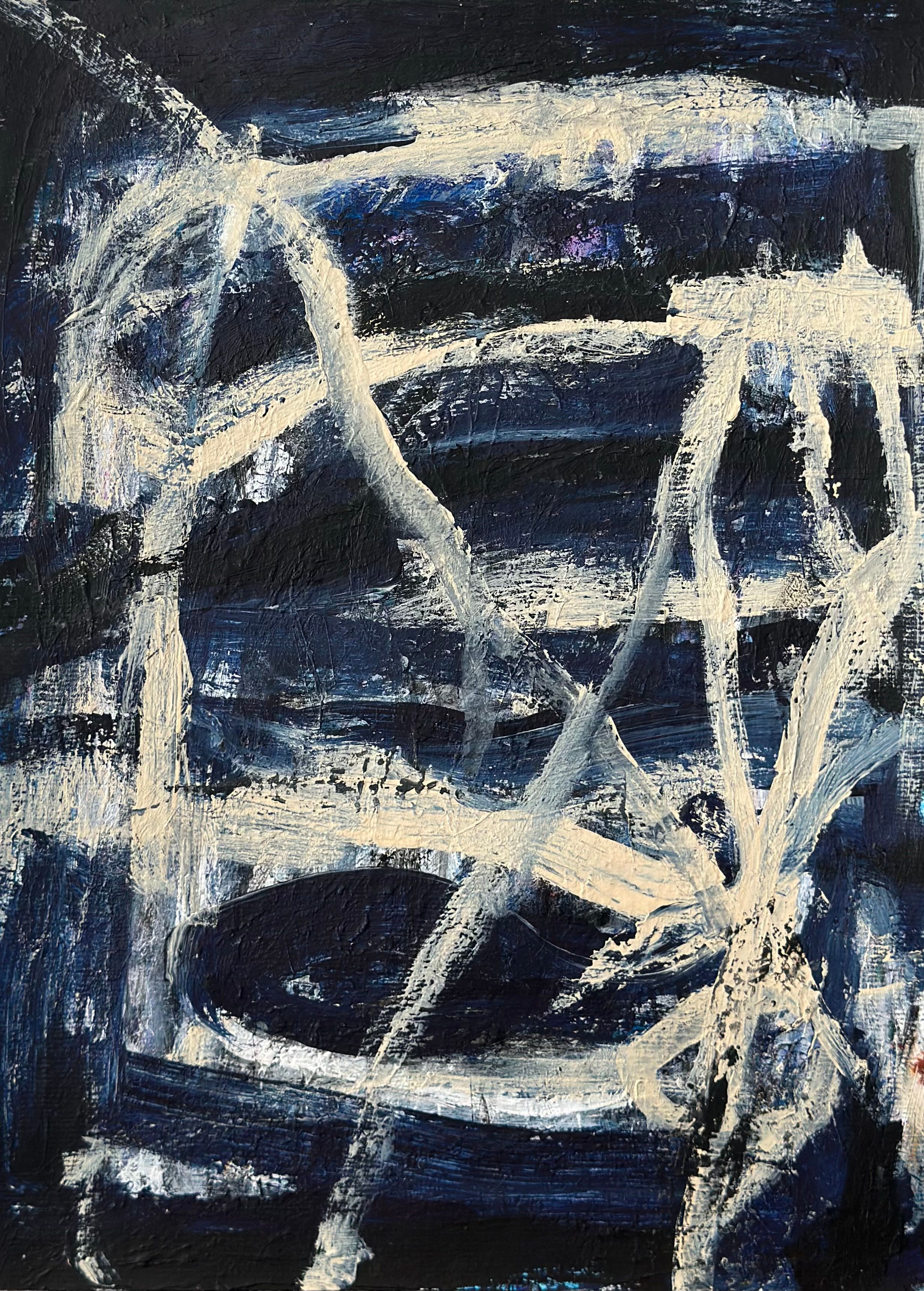 Abstrakt komposisjon. Hovedsakelig indigo og sort med eggeskallfargete former og linjer – samt sjatteringer. Innslag av hvitt. 