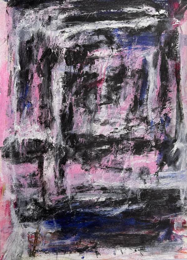Black, white and blue brush strokes and shapes, with partly pink overlays.