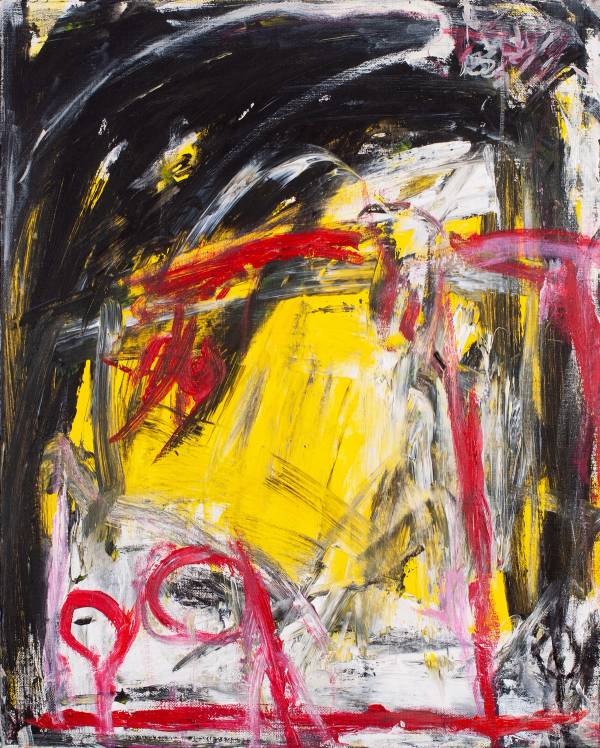 Abstract. Irregular black, yellow and white surface with clear strokes of red. The image expresses energy that can be perceived on a scale from aggressive to playful. The title is intended as an invitation to free interpretation.