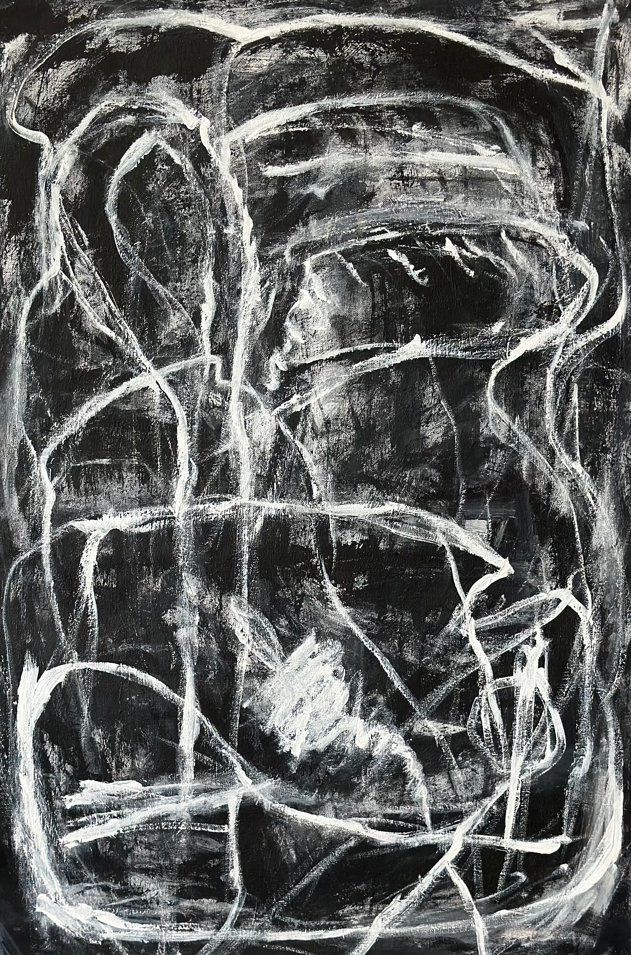 Abstrakt billedspråk. Hvite linjer og former – og sorte konturer – på på sort bakgrunn. 