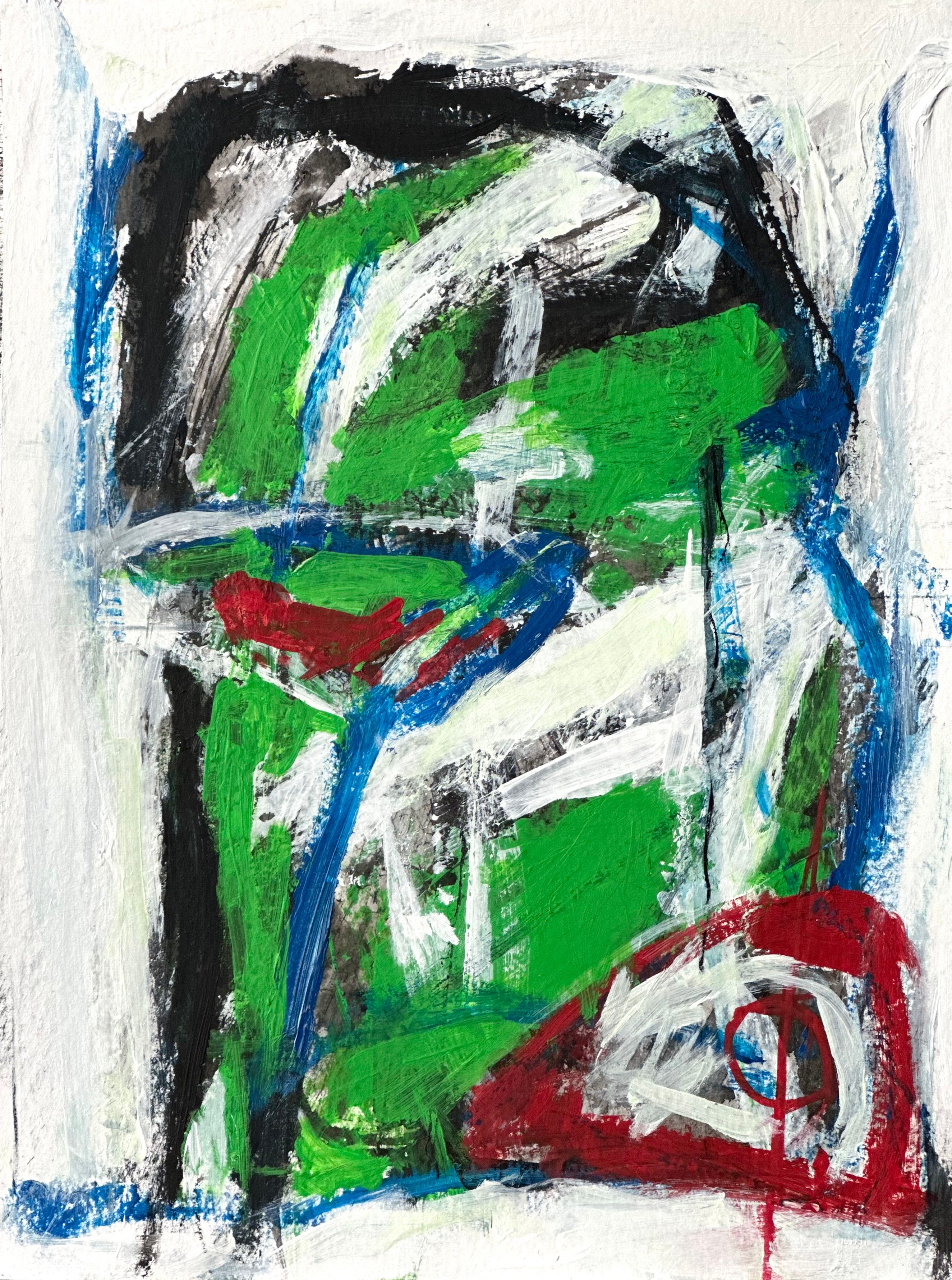 Abstrakt komposisjon. Linjer, former og figurlifnende elementer i grønt, rødt, blått, hvitt og sort 