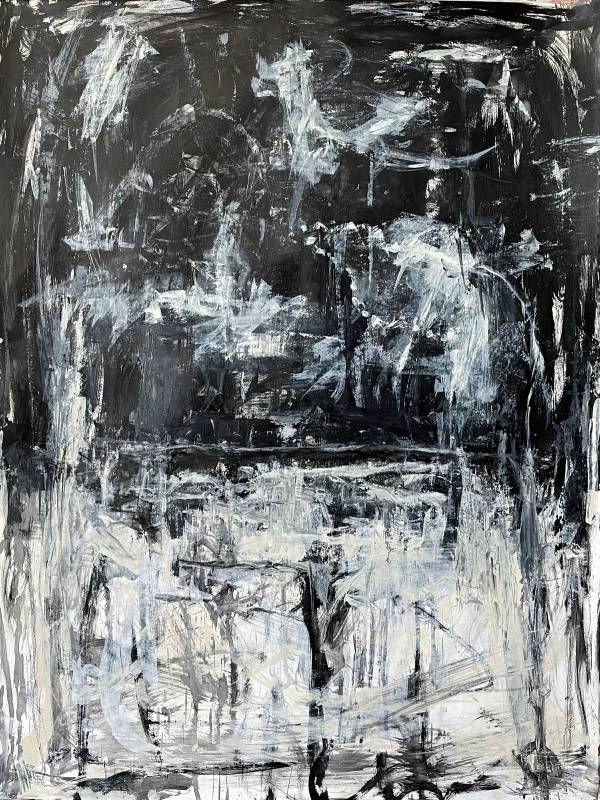 Abstract. Upper half black with values of white shapes and figures. Lower half white with traces of shapes and figures of gray and black. Both halves express energy. 