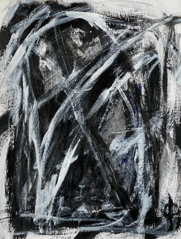 Black shapes formed by white brush strokes and lines with pronounced diagonal movement.