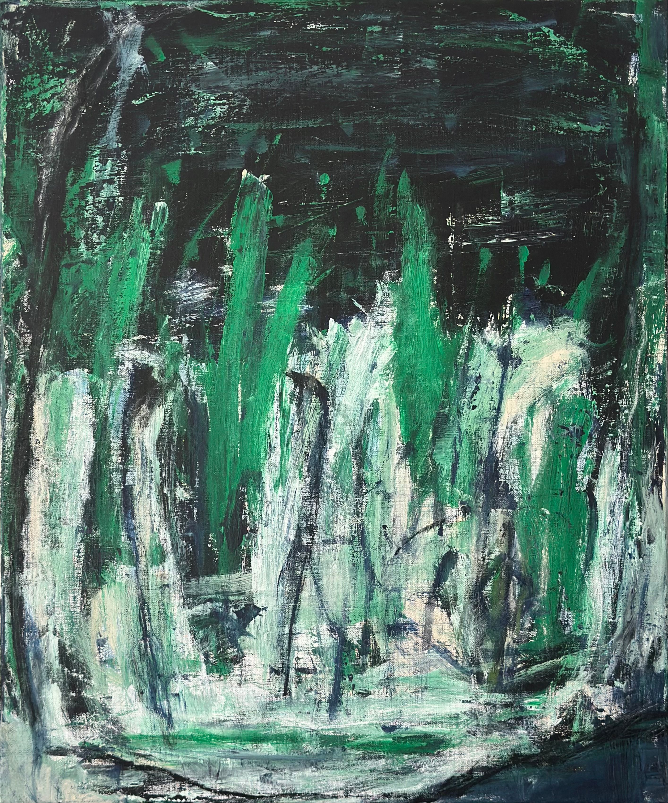 Abstrakt komposisjon. Visuelt dominans av to halvdeler. Øvre del sort med flytende, horisontale antydninger av svakt grønt og blått. Nedre del av off-white/hvitt med innslag av sort og mørke blått. Halvdelene brytes av vertikale grønne strøk. En svak sort kontur danner en mer eller mindre oval form som gjør at halvdelene uttrykker et helhetlig uttrykk. 