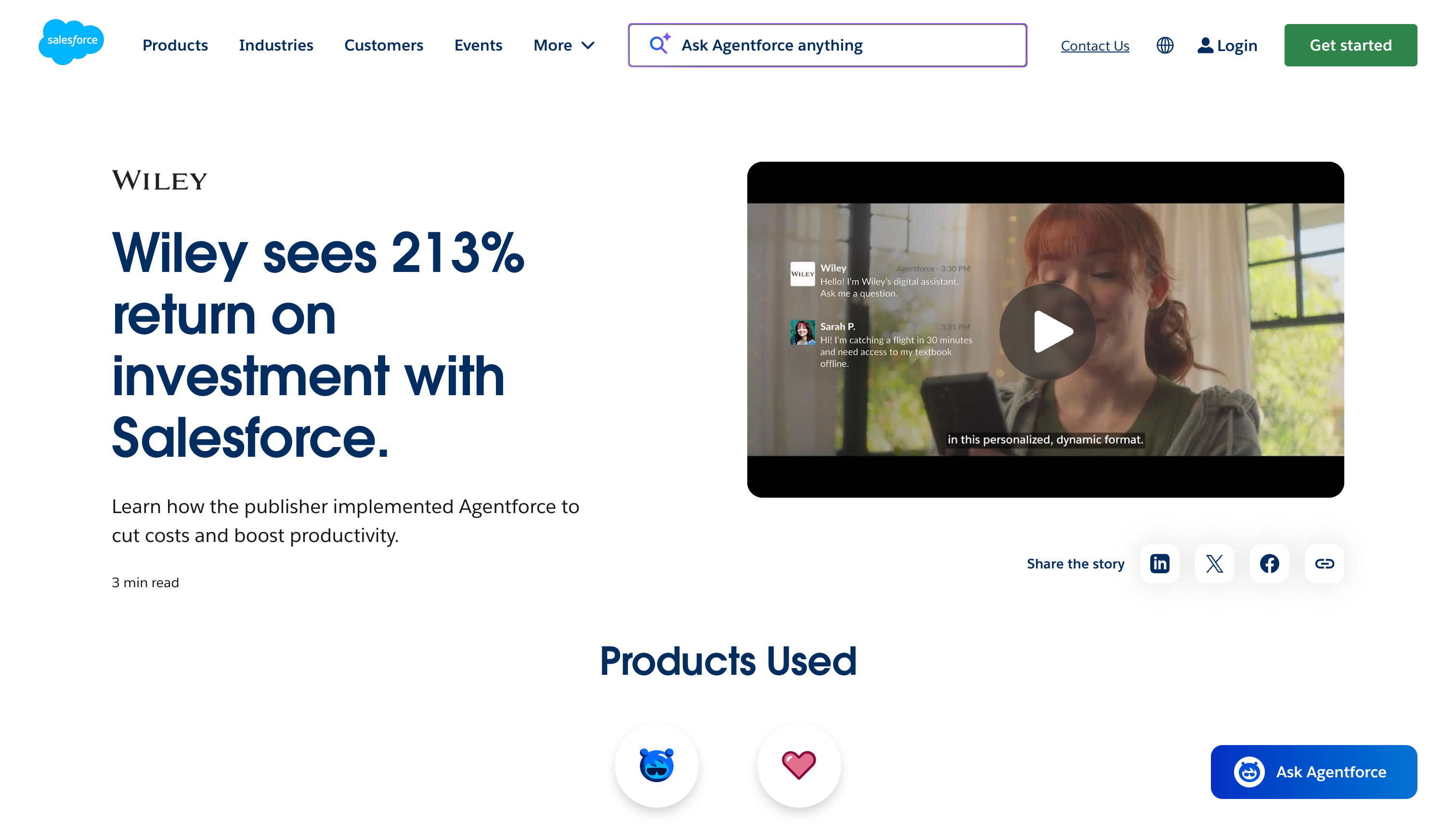 Salesforce Wiley case study with 213% ROI in the headline and product labels beneath