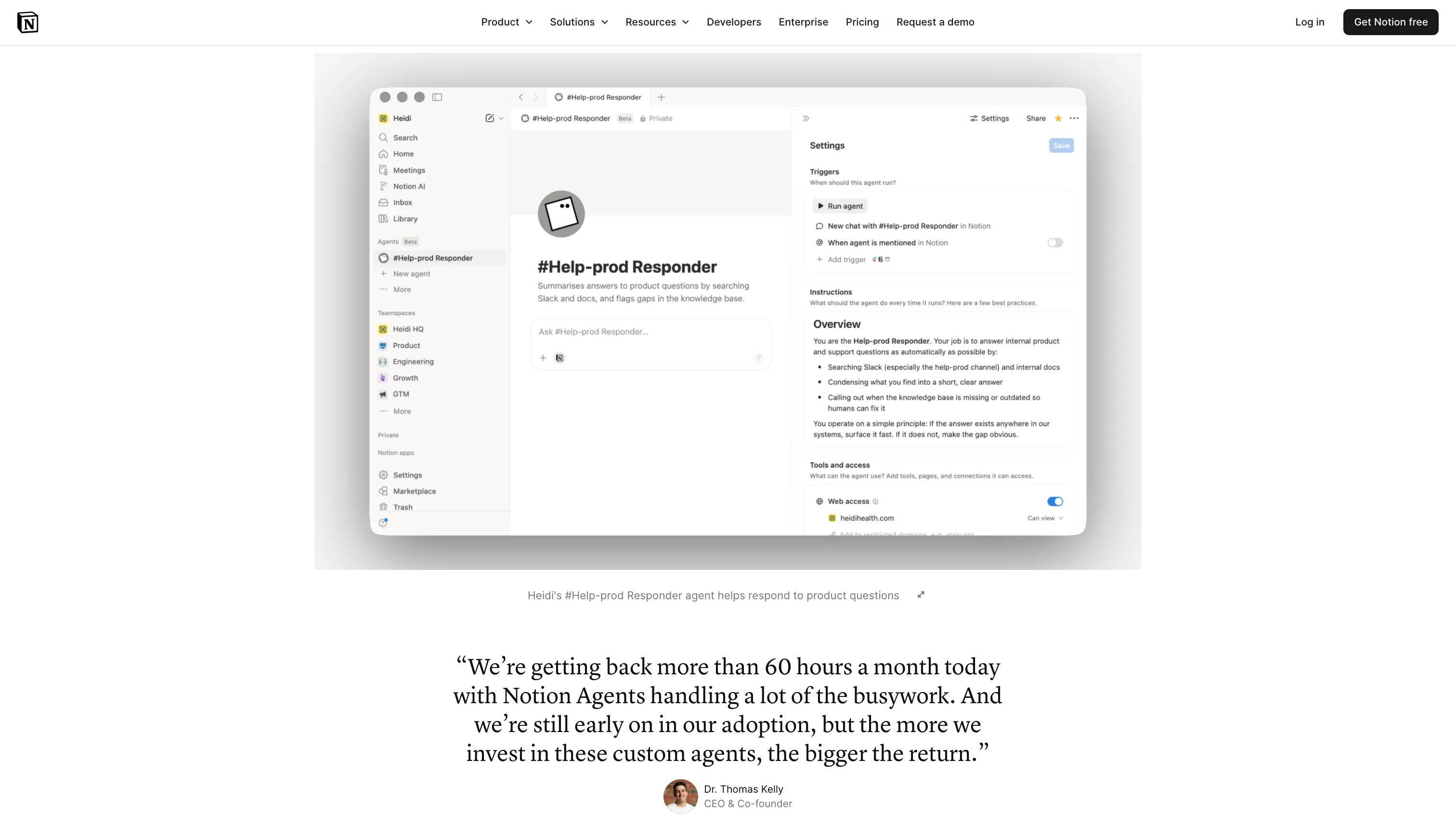 Notion Heidi case study with workspace screenshots placed beside the workflow they support
