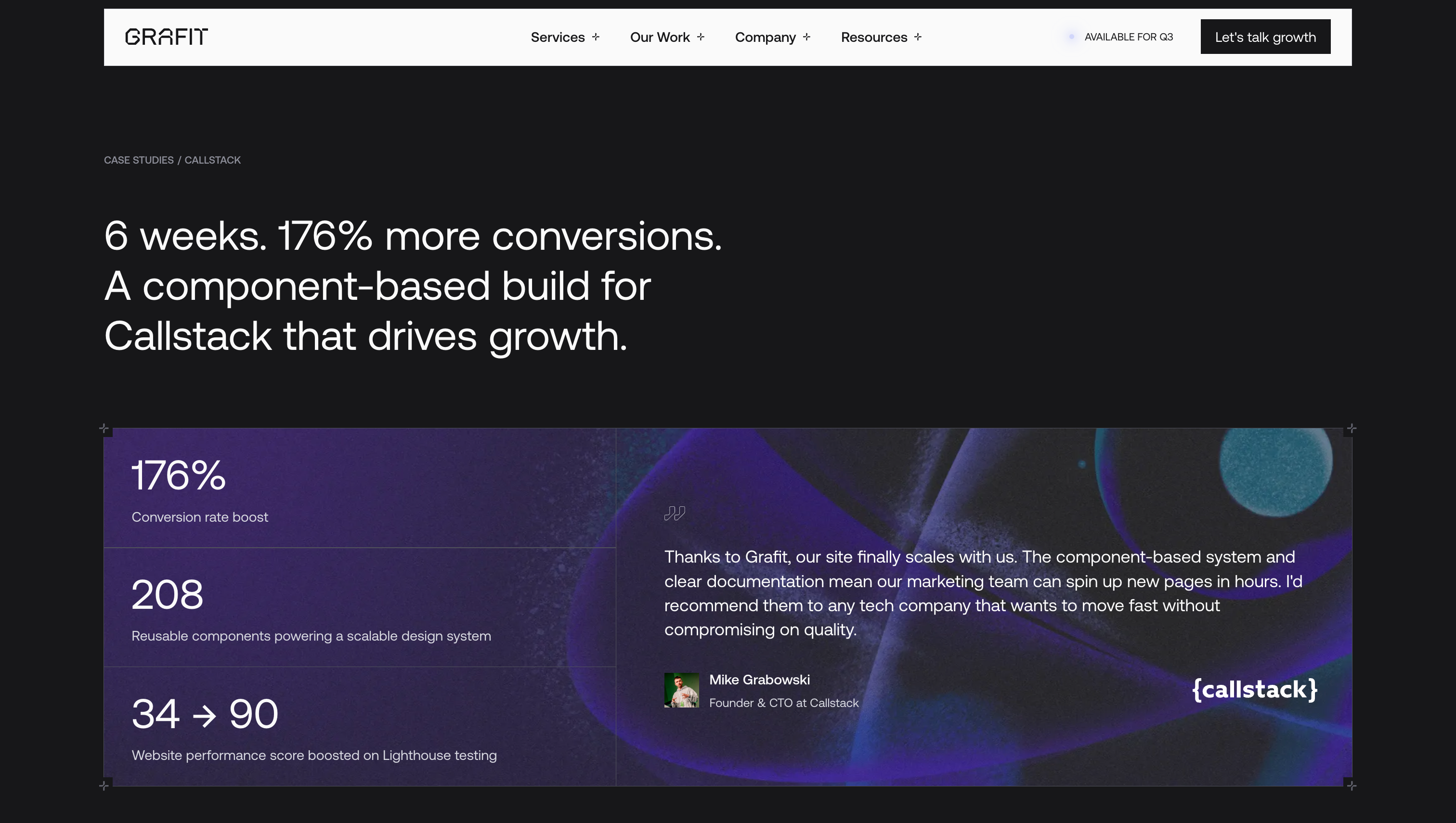 Grafit Callstack case study opening with a 176% conversion increase and six-week delivery