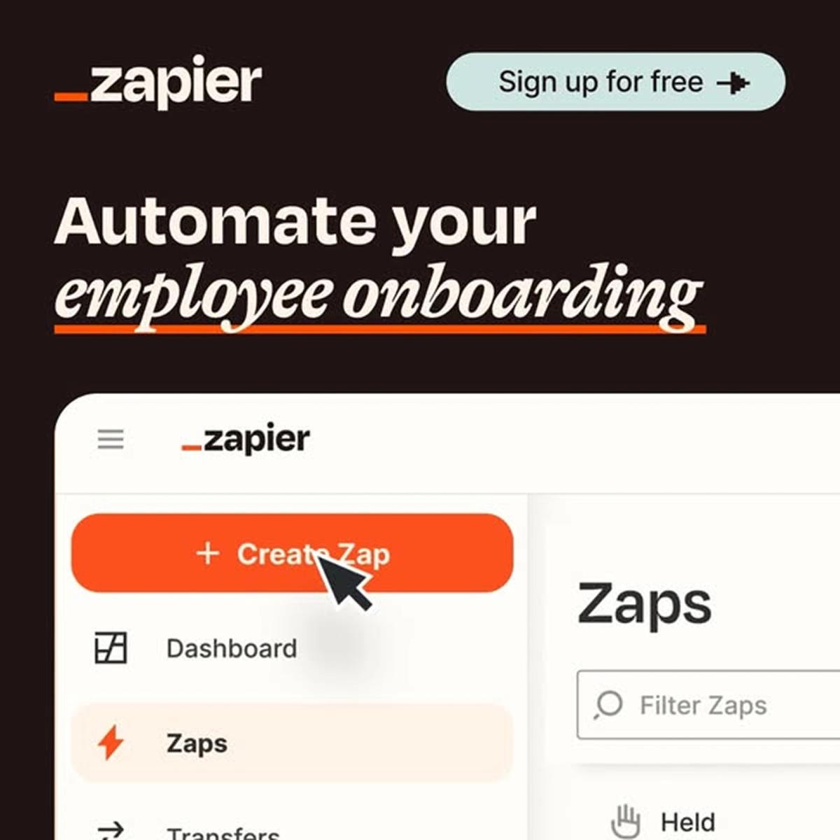 Zapier ad: "Automate your employee onboarding" with Zap builder UI