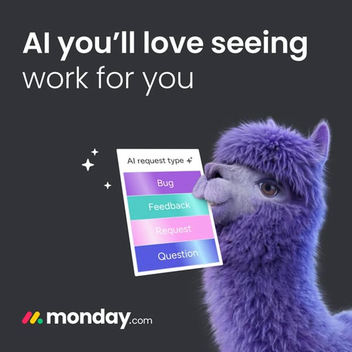 Monday.com ad: "AI you'll love seeing work for you" with product UI