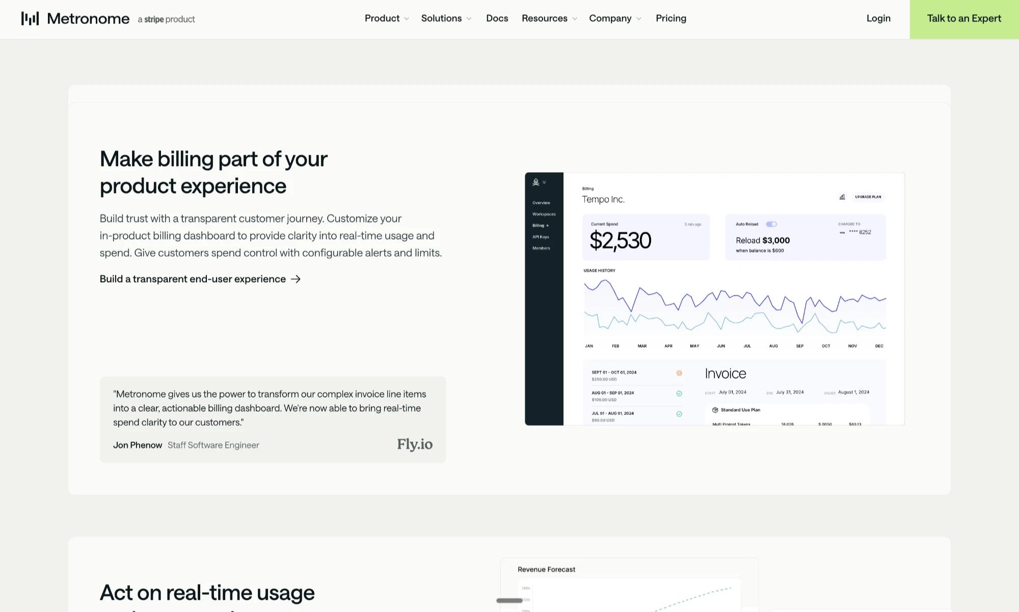 Metronome billing transparency feature with Fly.io quote and metric